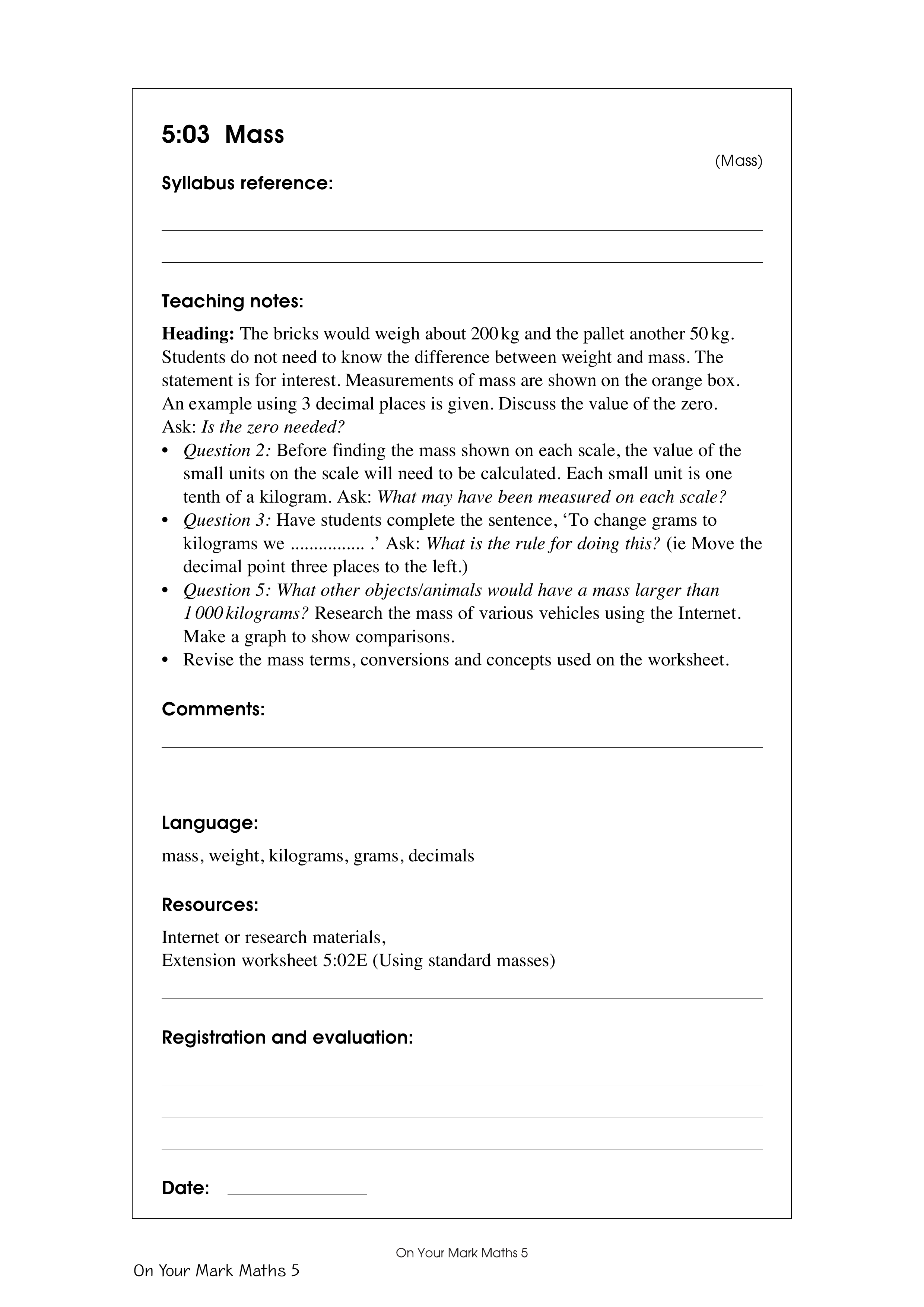 Mass — worksheet preview