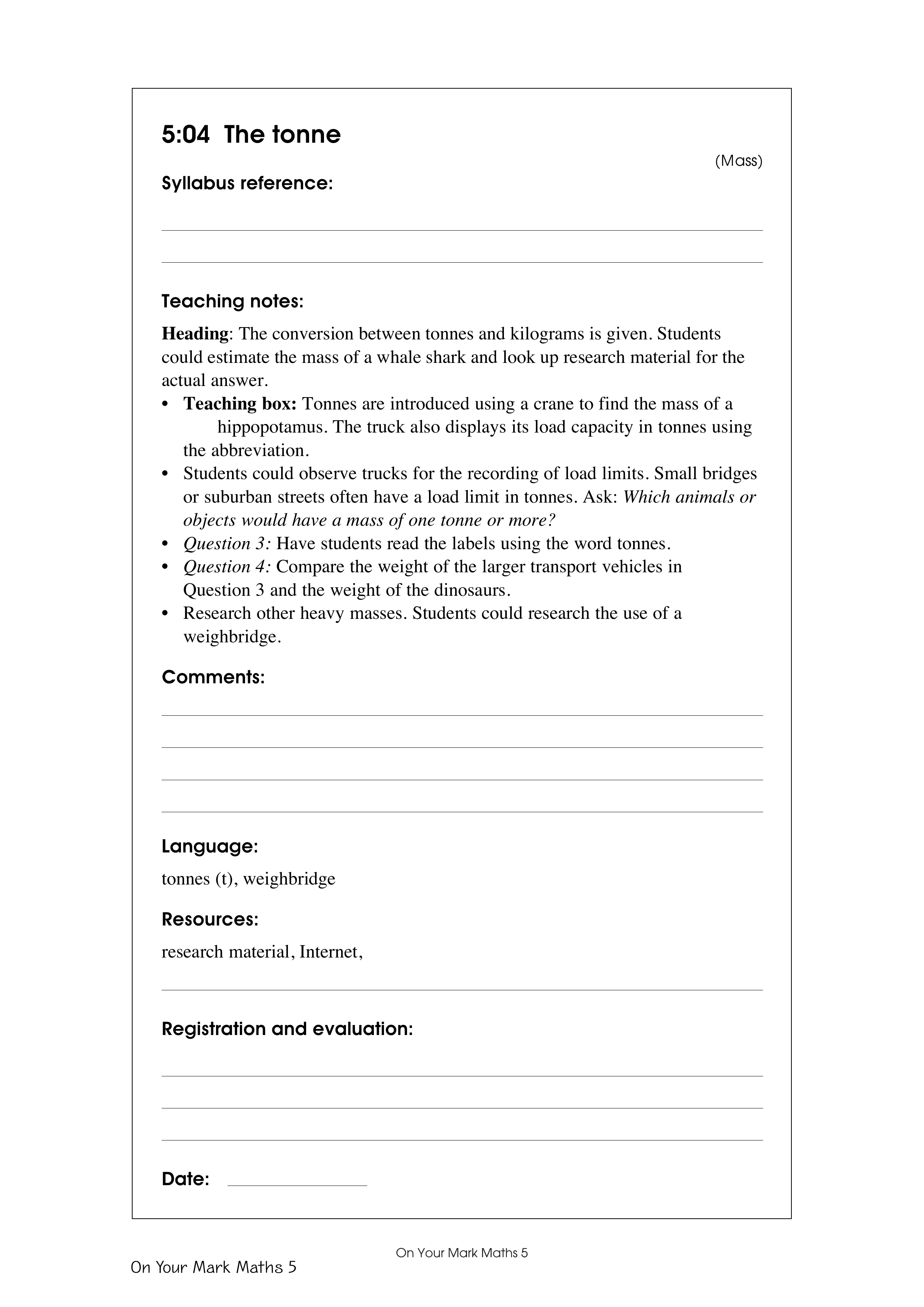 The tonne — worksheet preview