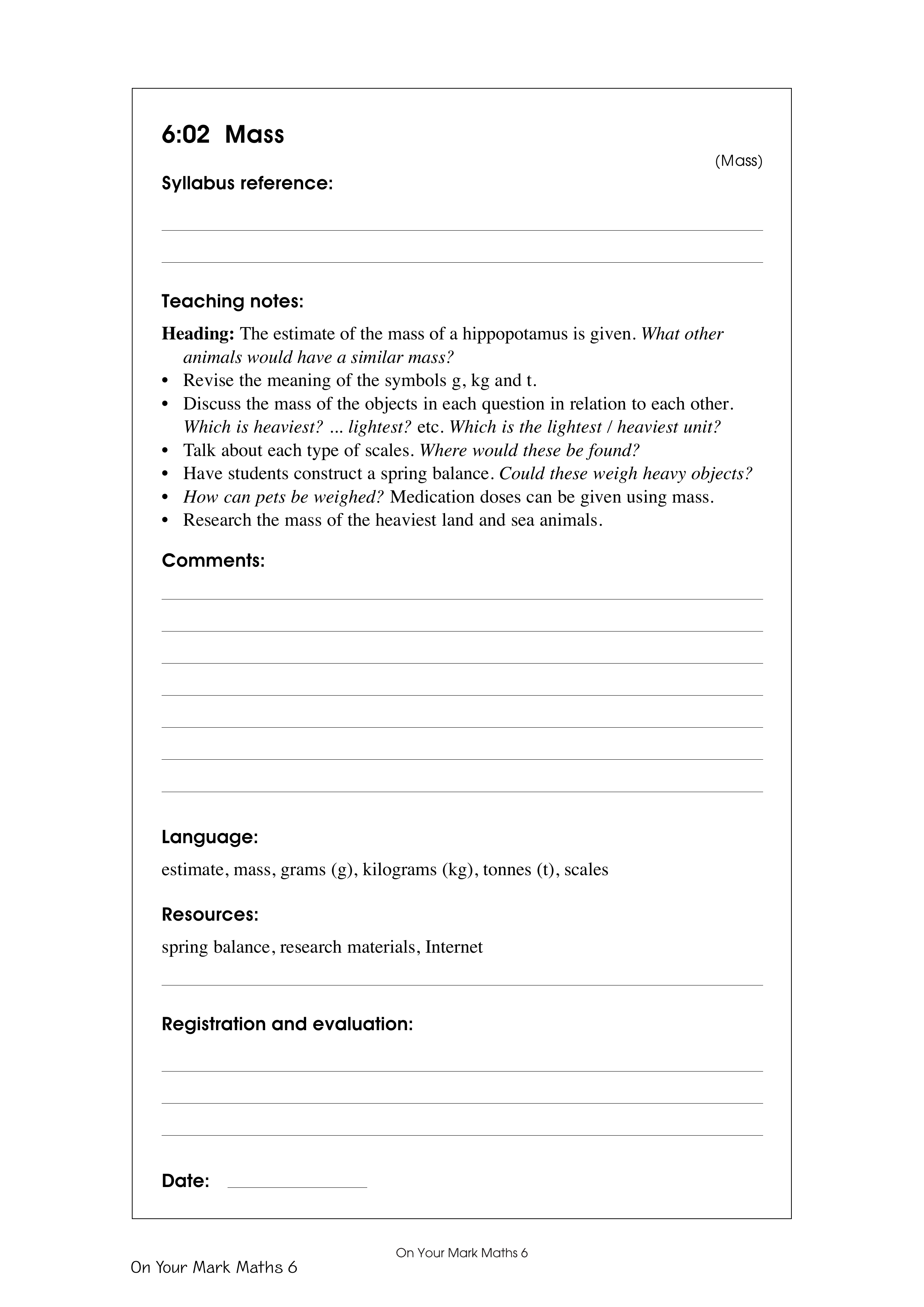 Mass — worksheet preview