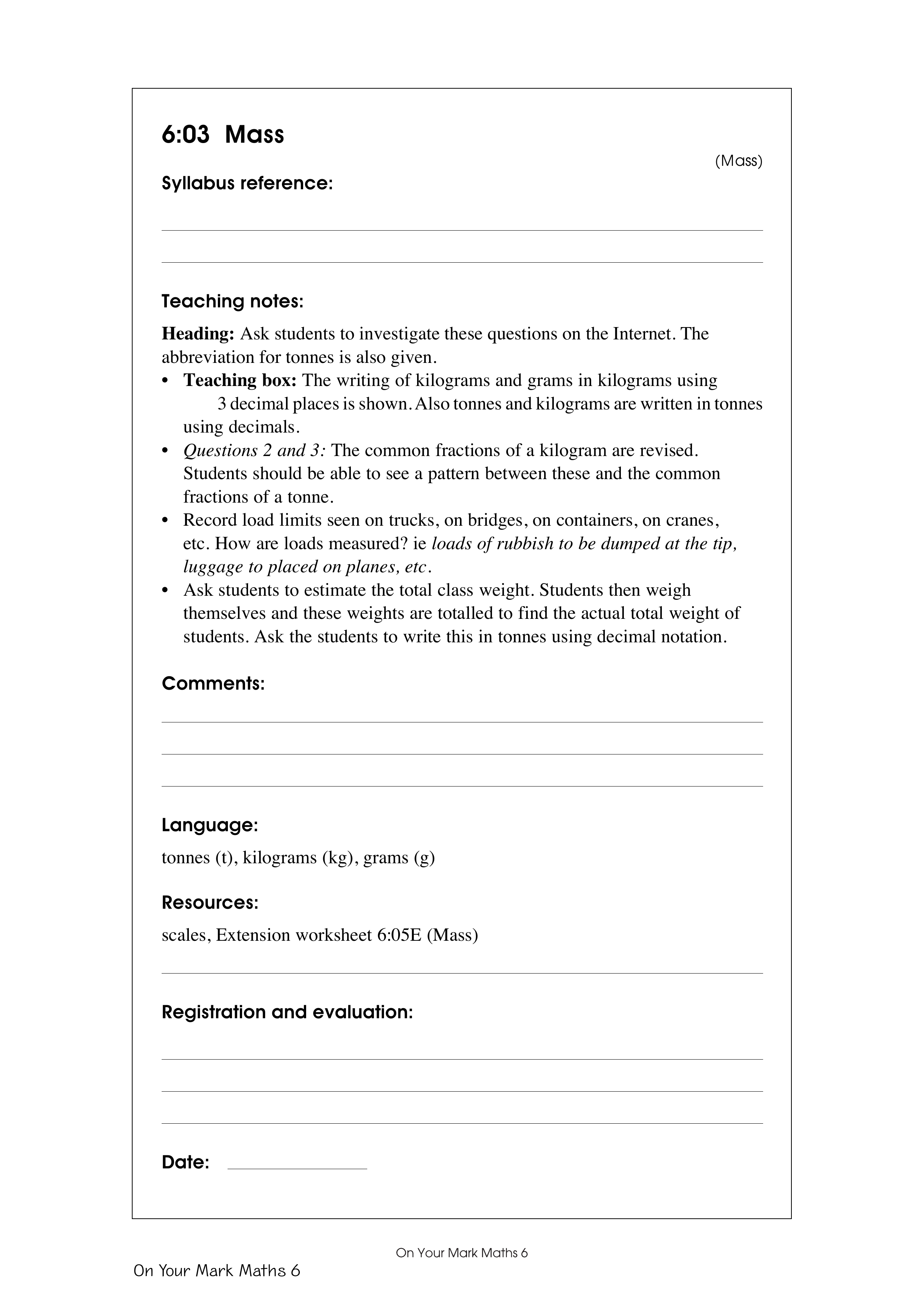 Mass — worksheet preview