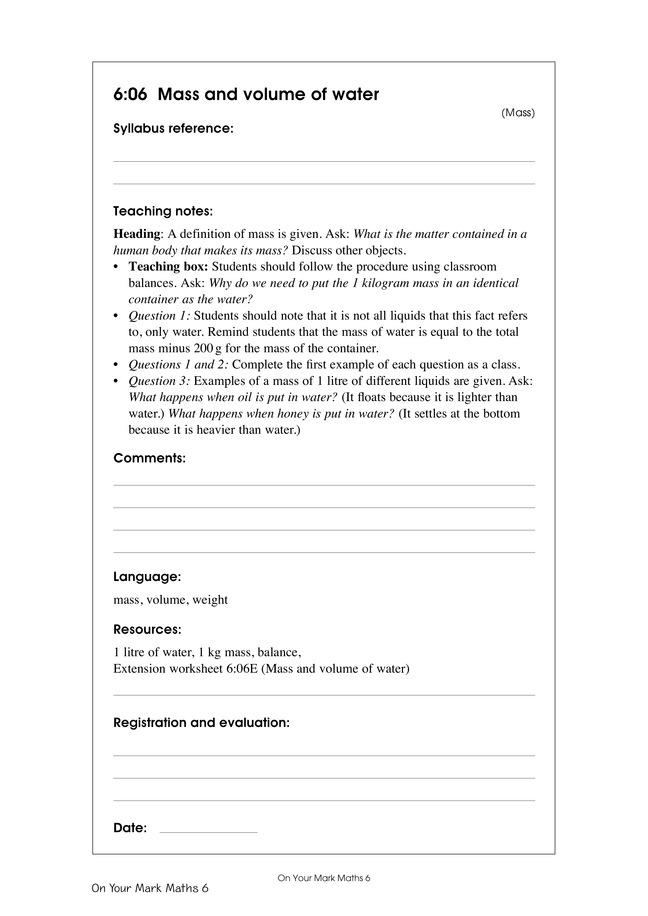 Mass and volume of water — worksheet preview