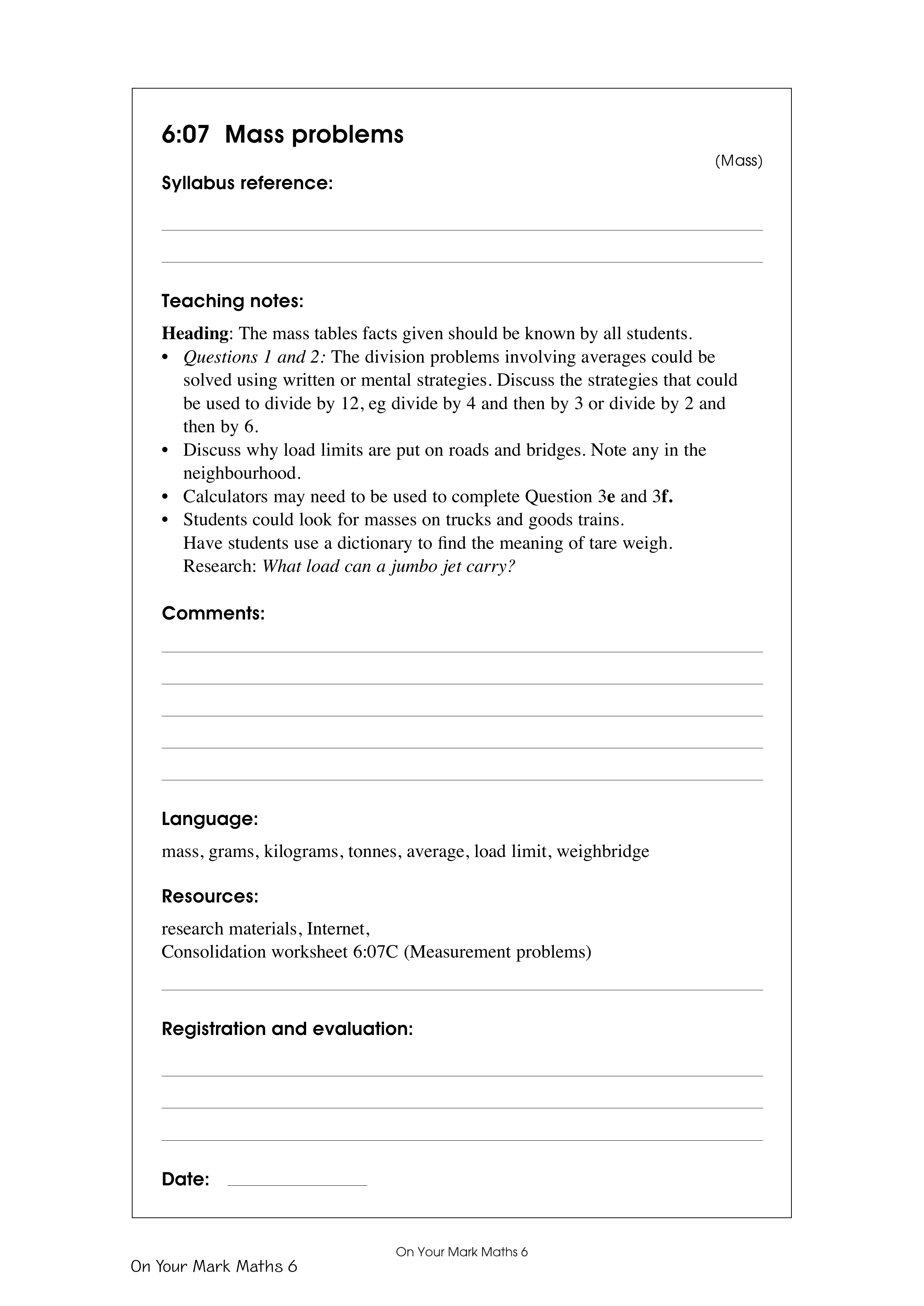 Mass problems — worksheet preview