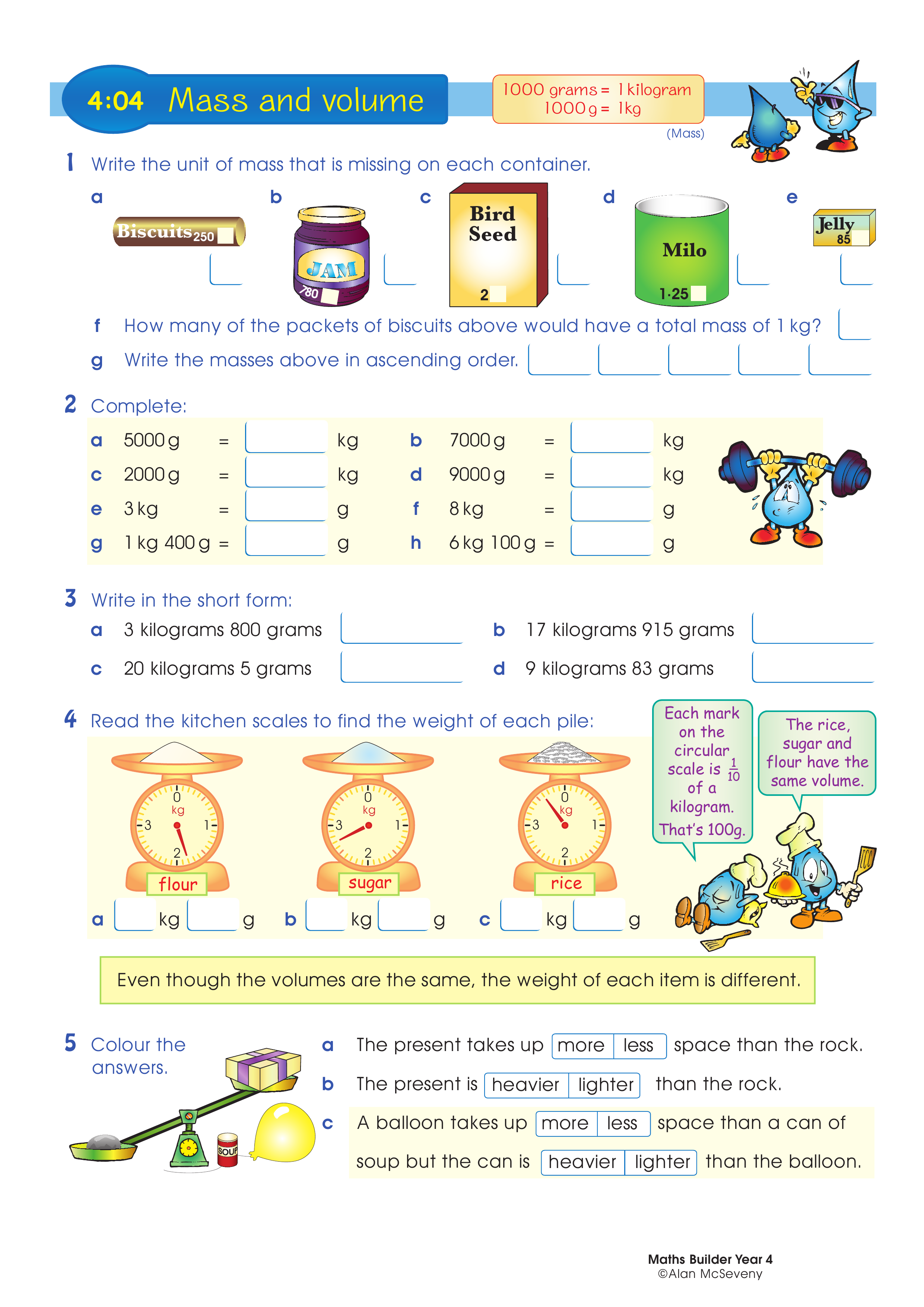 Mass and volume — worksheet preview