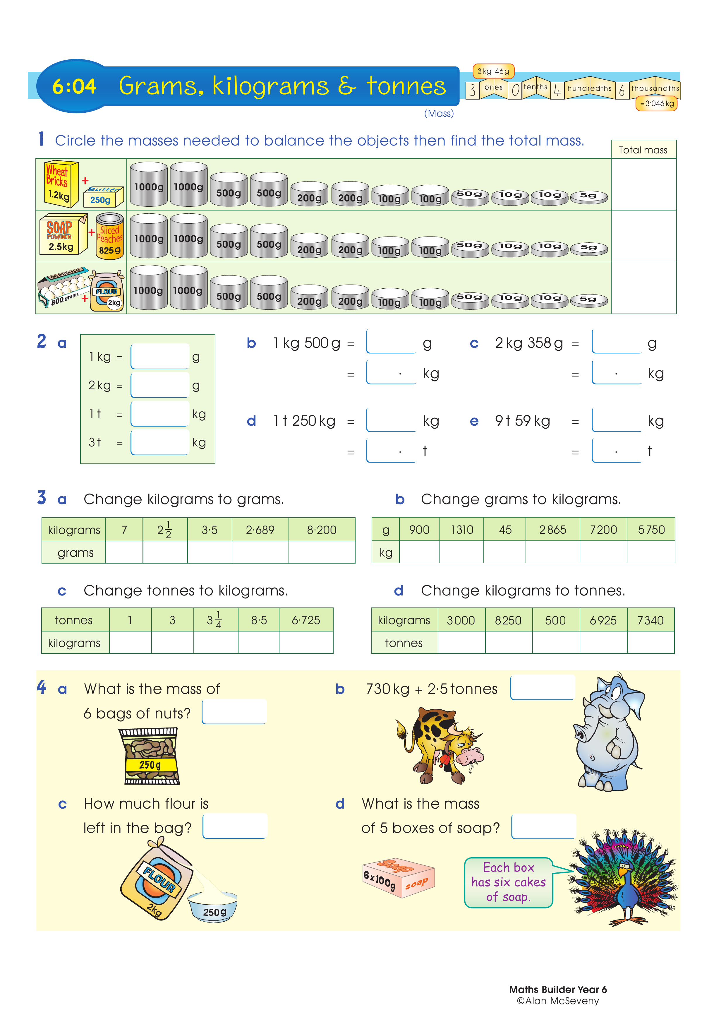 Grams, kilograms & tonnes — worksheet preview