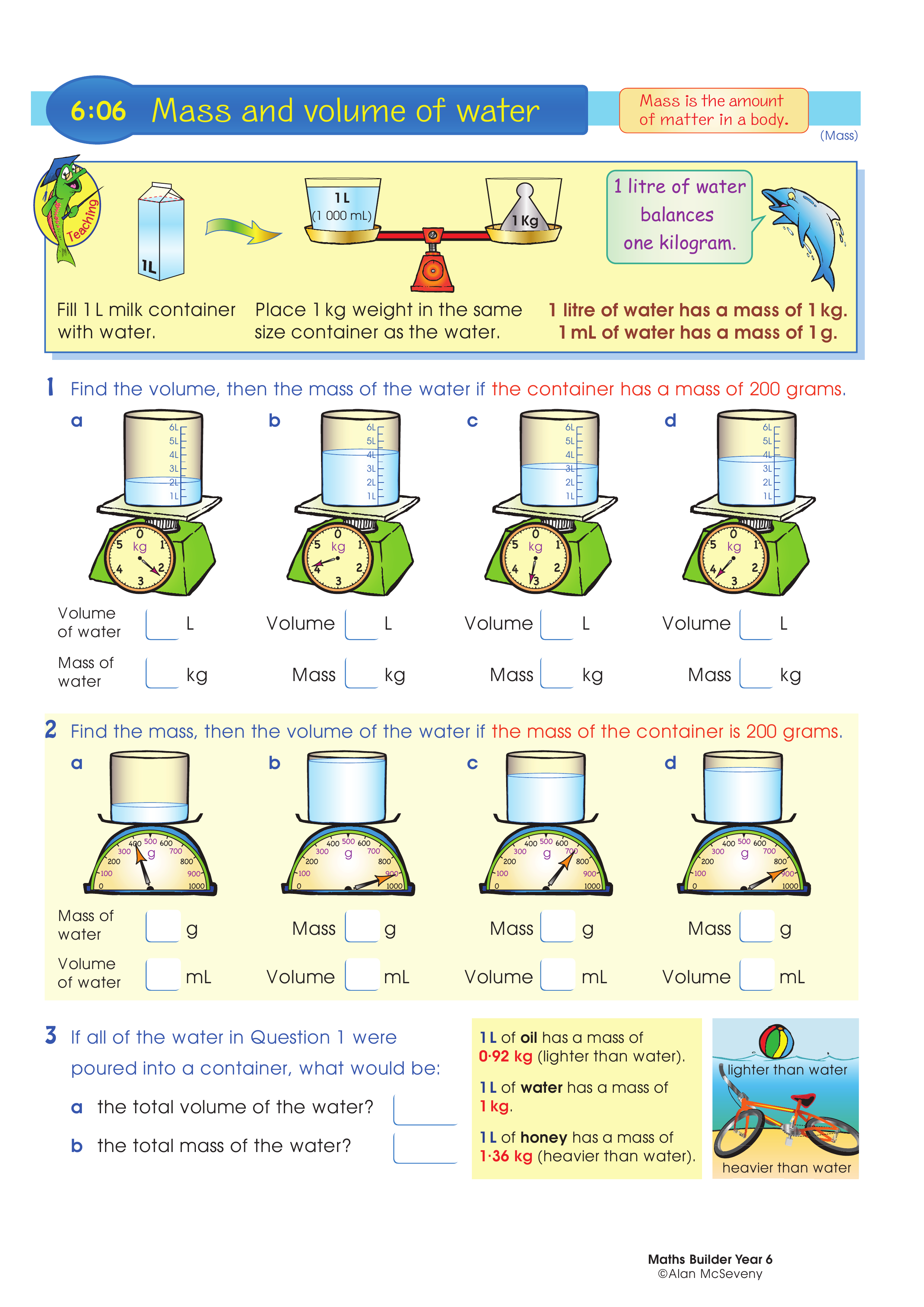 Mass and volume of water — worksheet preview