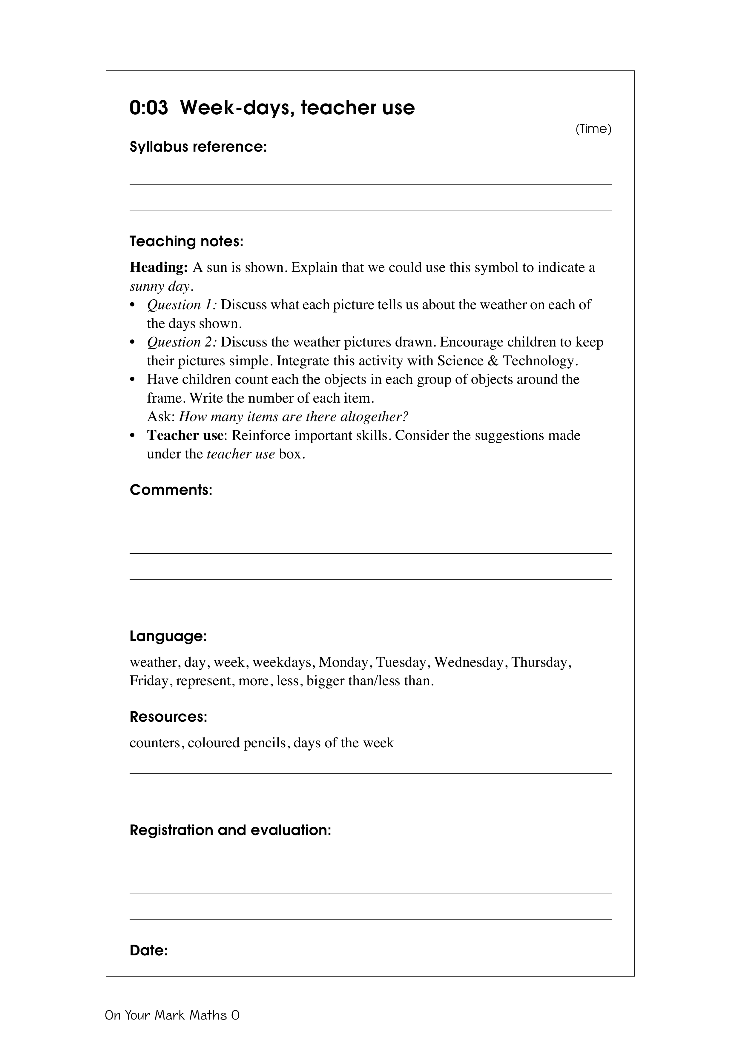 Week days, teacher use — worksheet preview