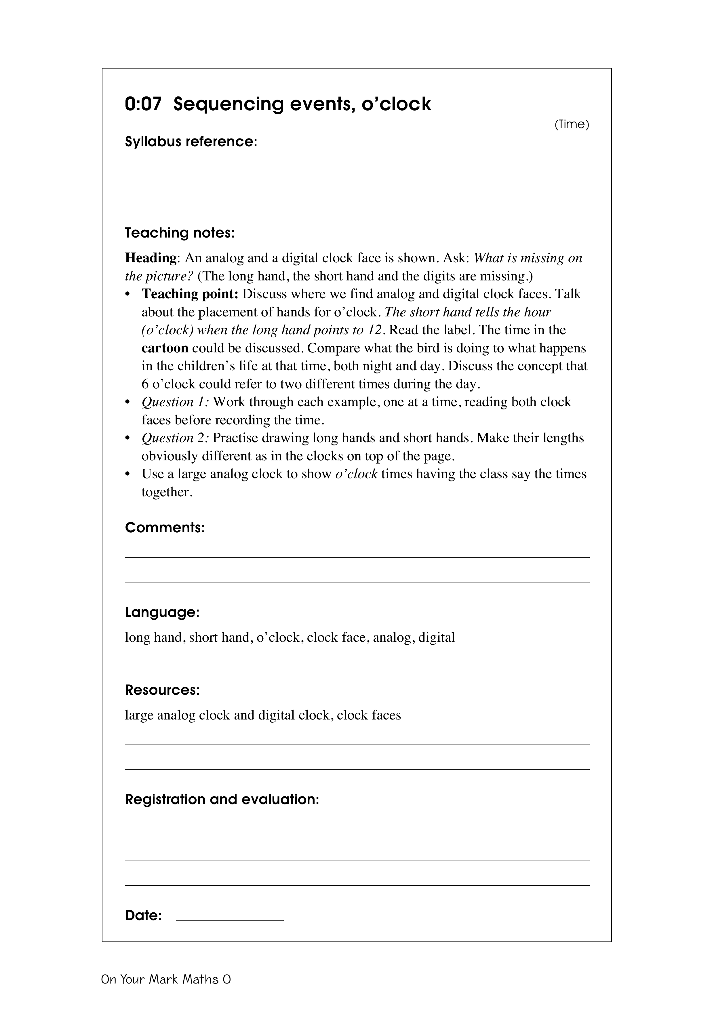 Sequencing events, o'clock — worksheet preview
