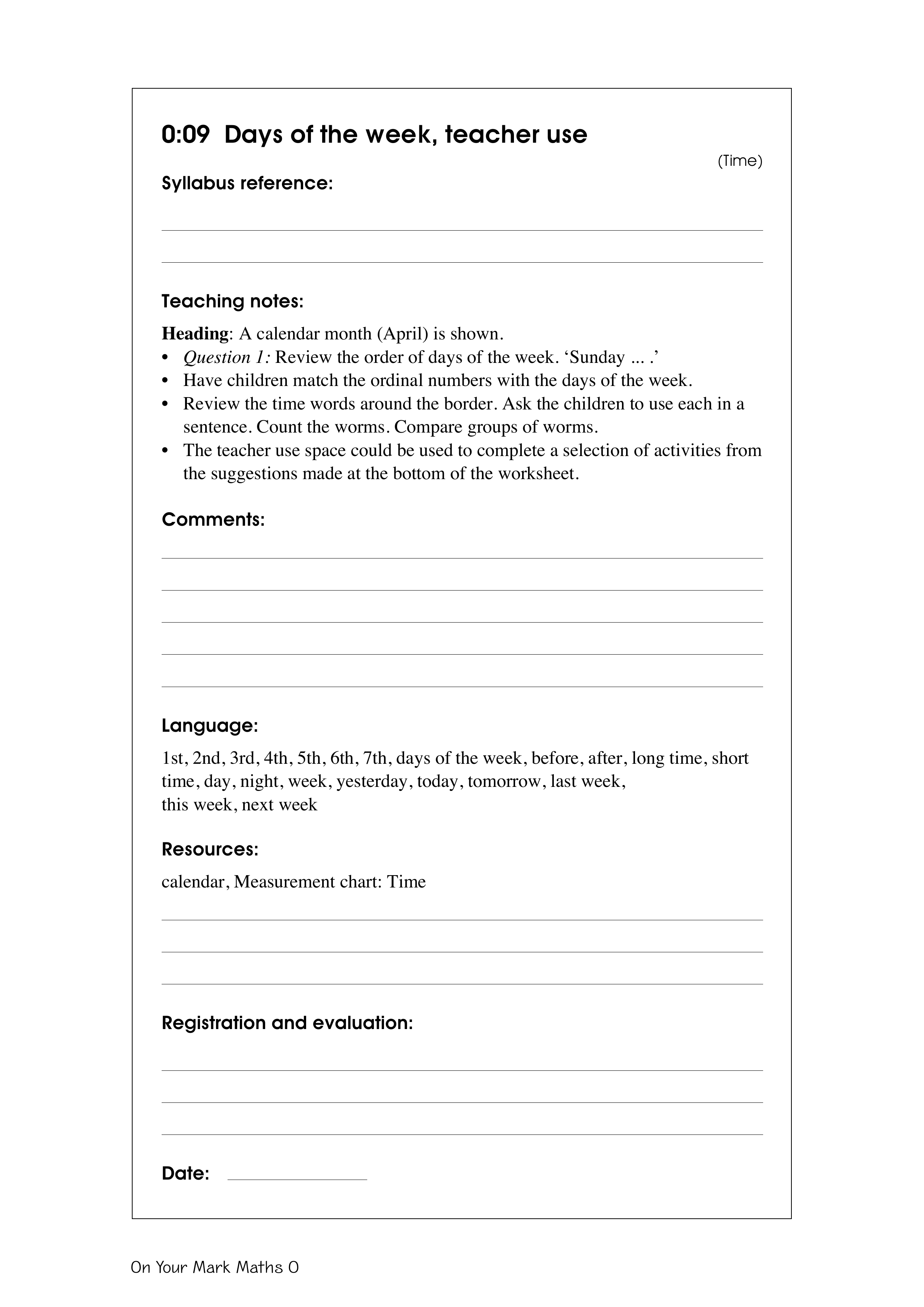 Days of the week, teacher use — worksheet preview