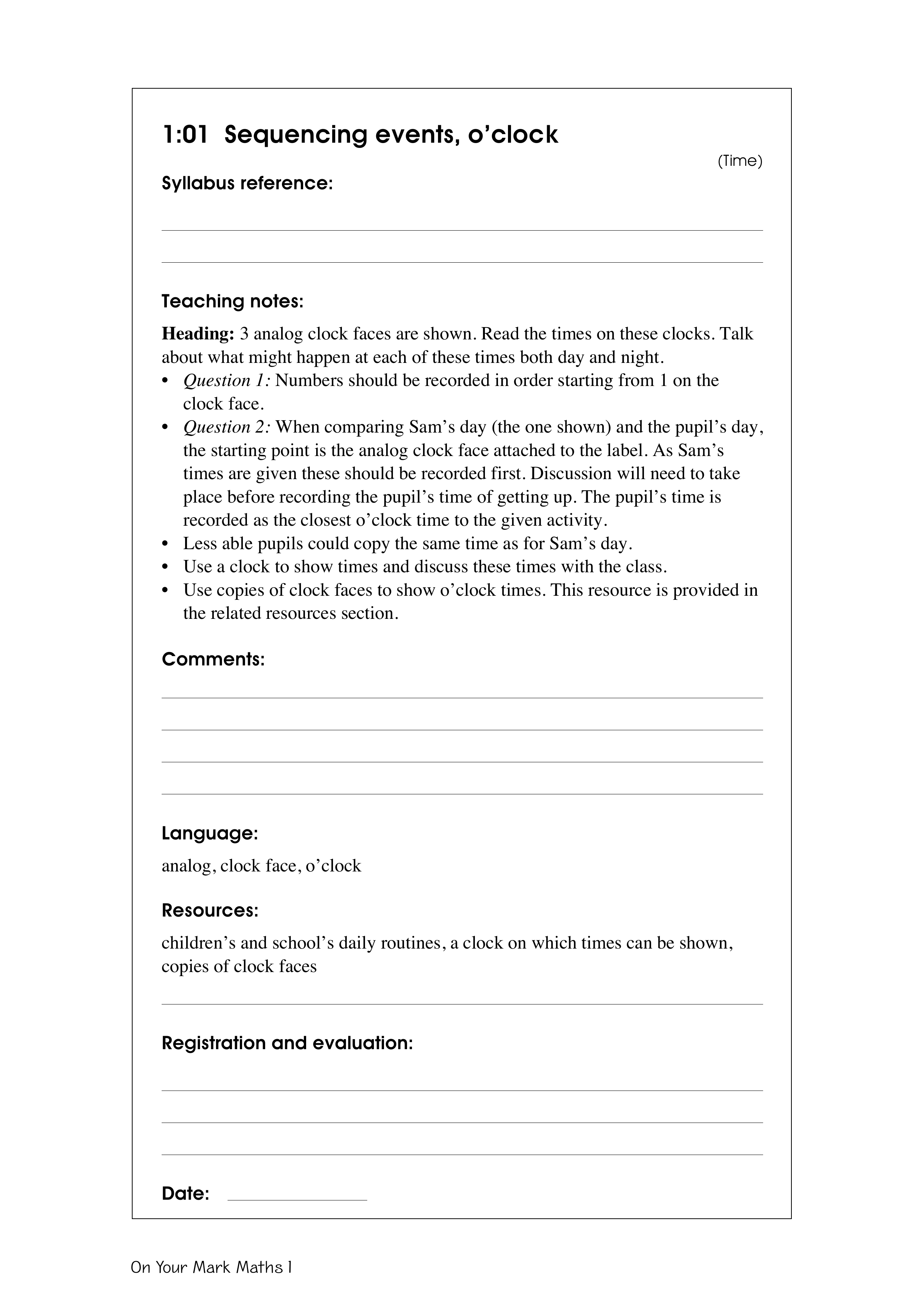 Sequencing events, o'clock — worksheet preview