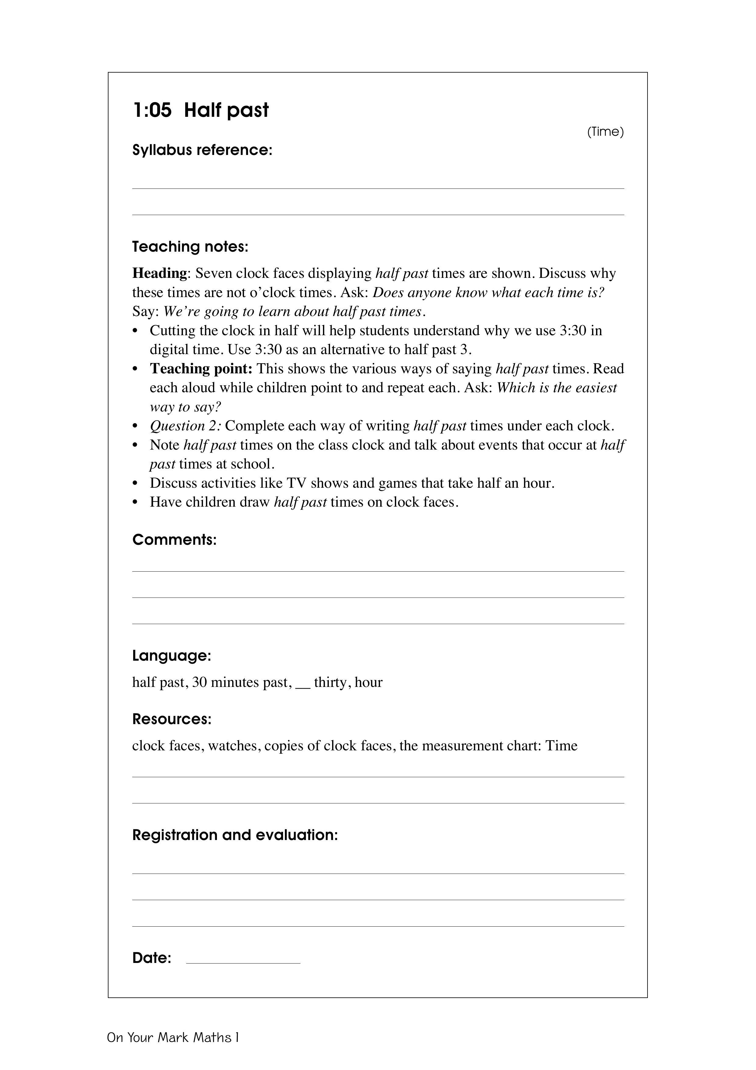 Half past — worksheet preview