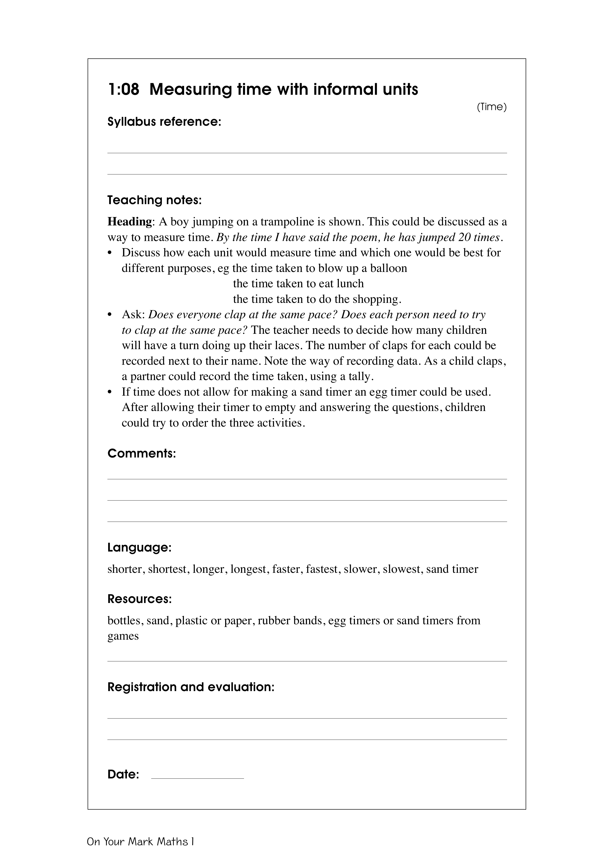 Measuring time with informal units — worksheet preview