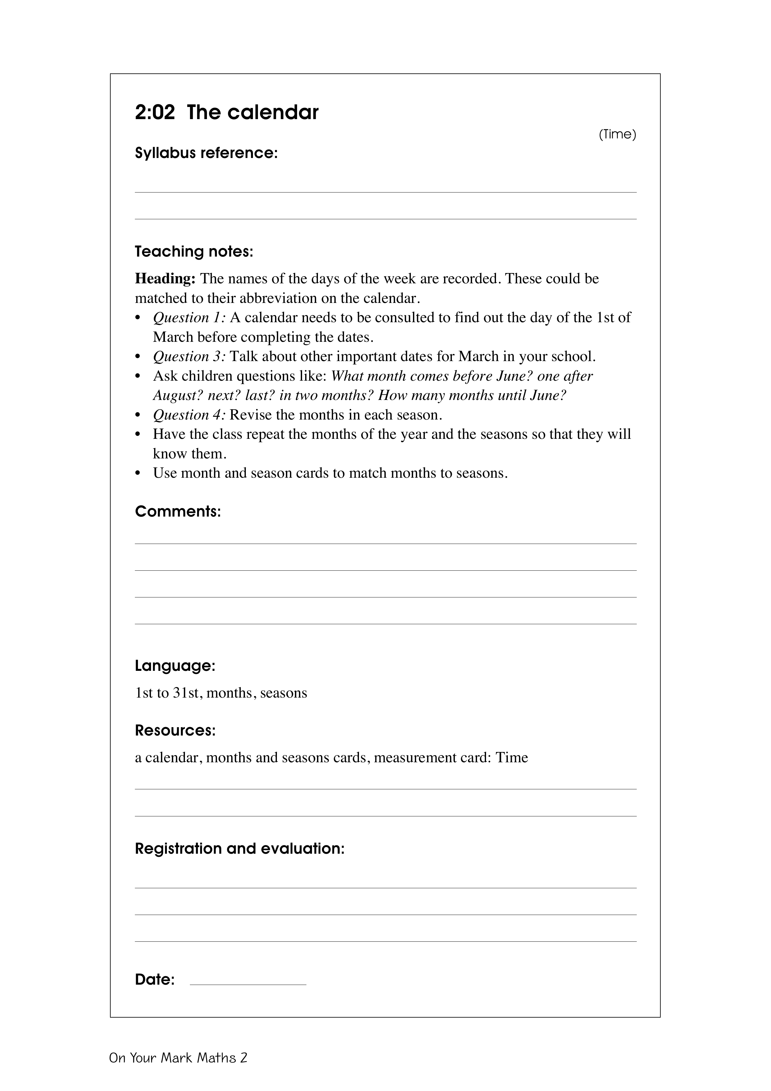 The calendar — worksheet preview