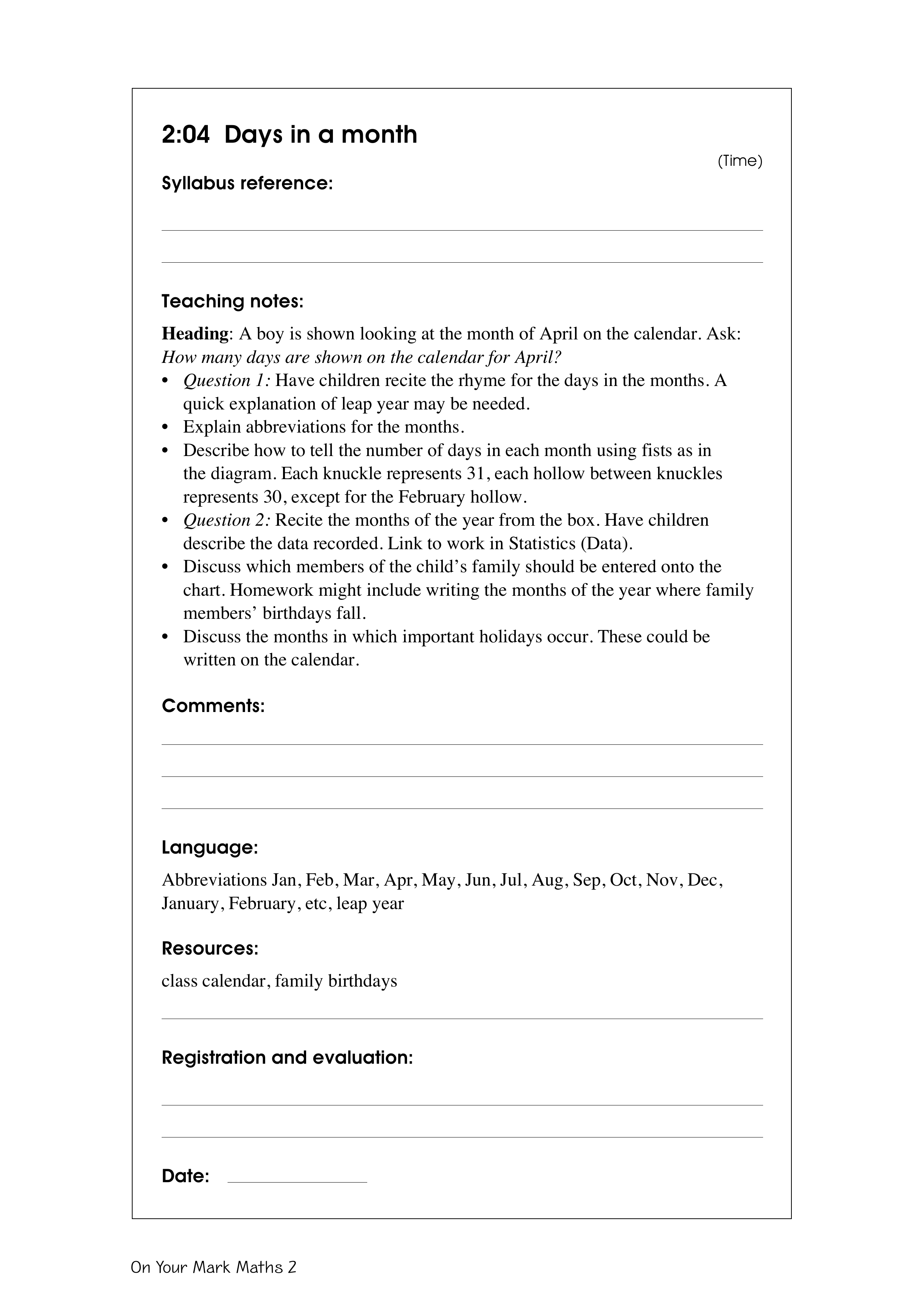 Days in a month — worksheet preview