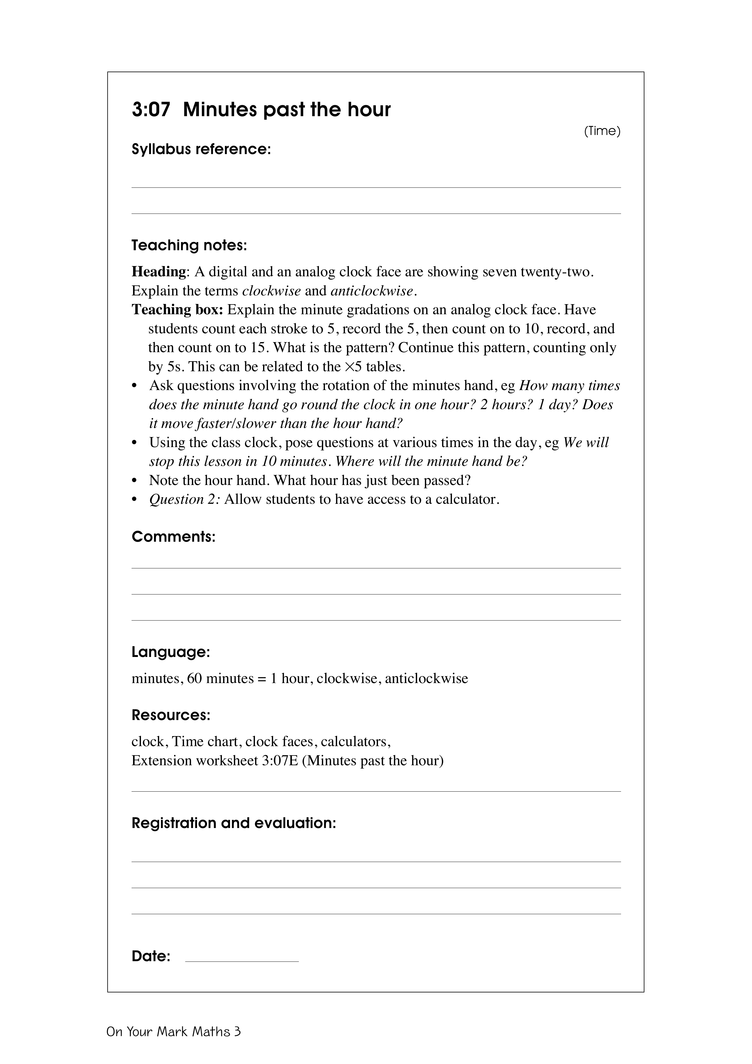 Minutes past the hour — worksheet preview
