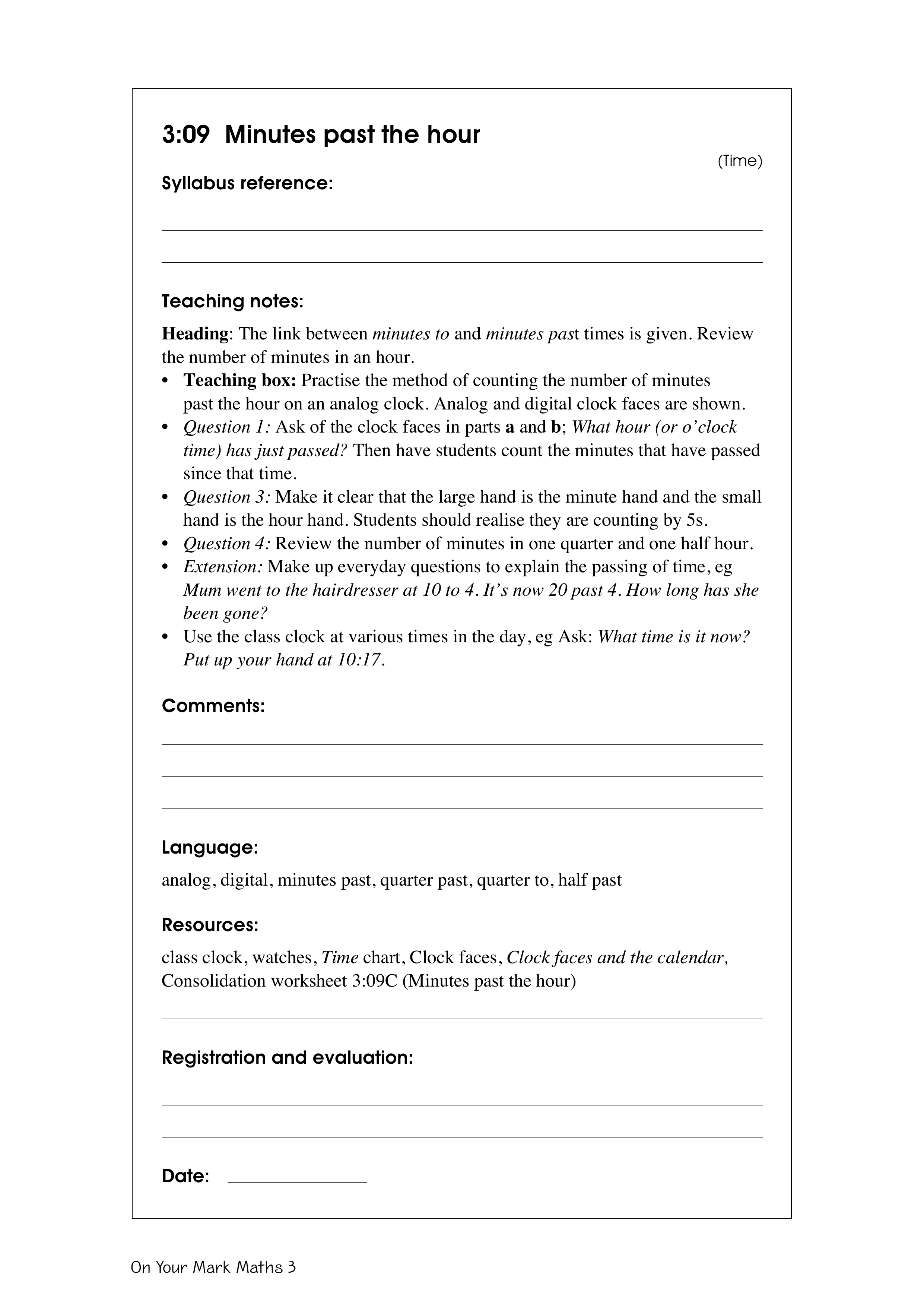 Minutes past the hour — worksheet preview