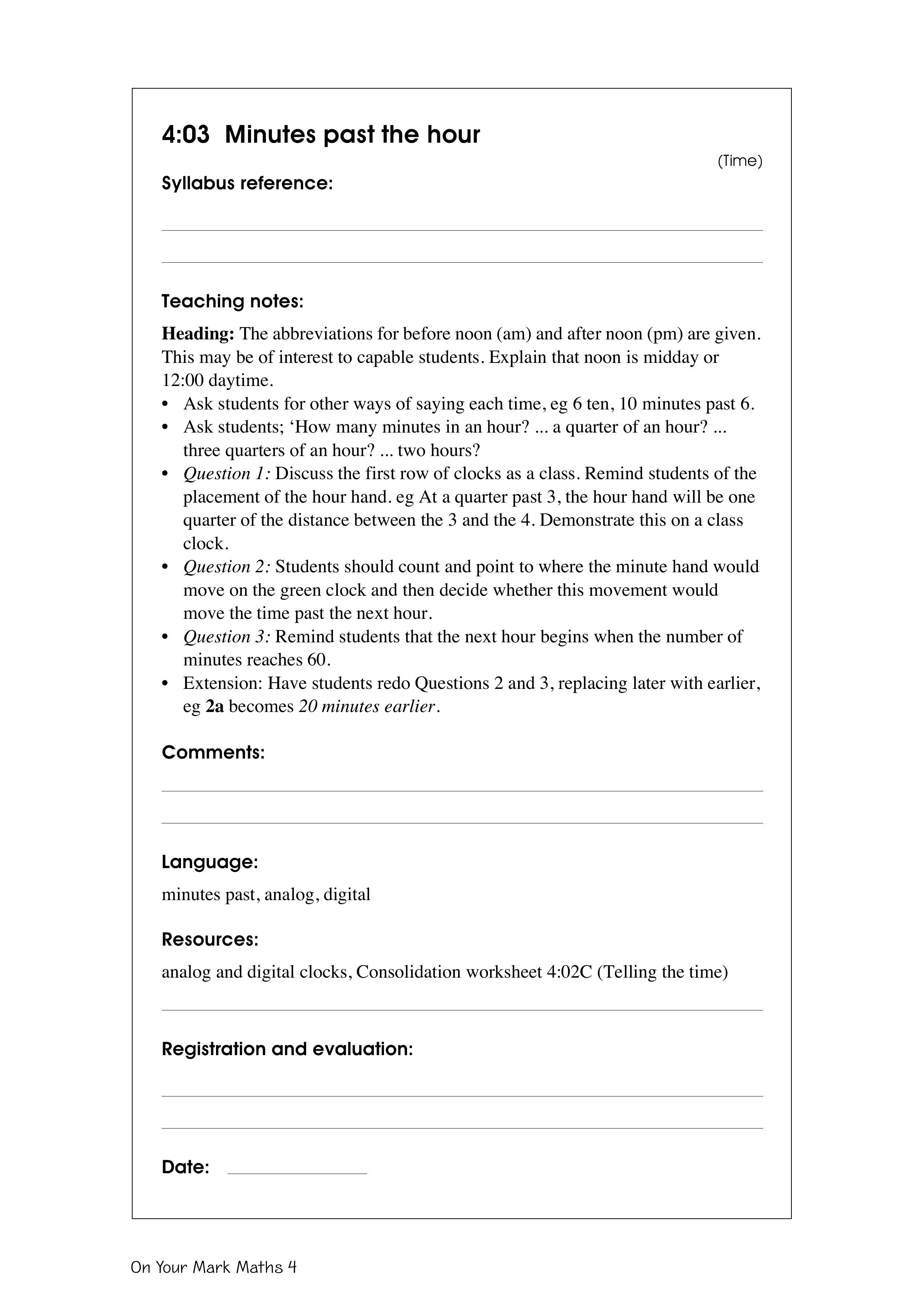 Minutes past the hour — worksheet preview