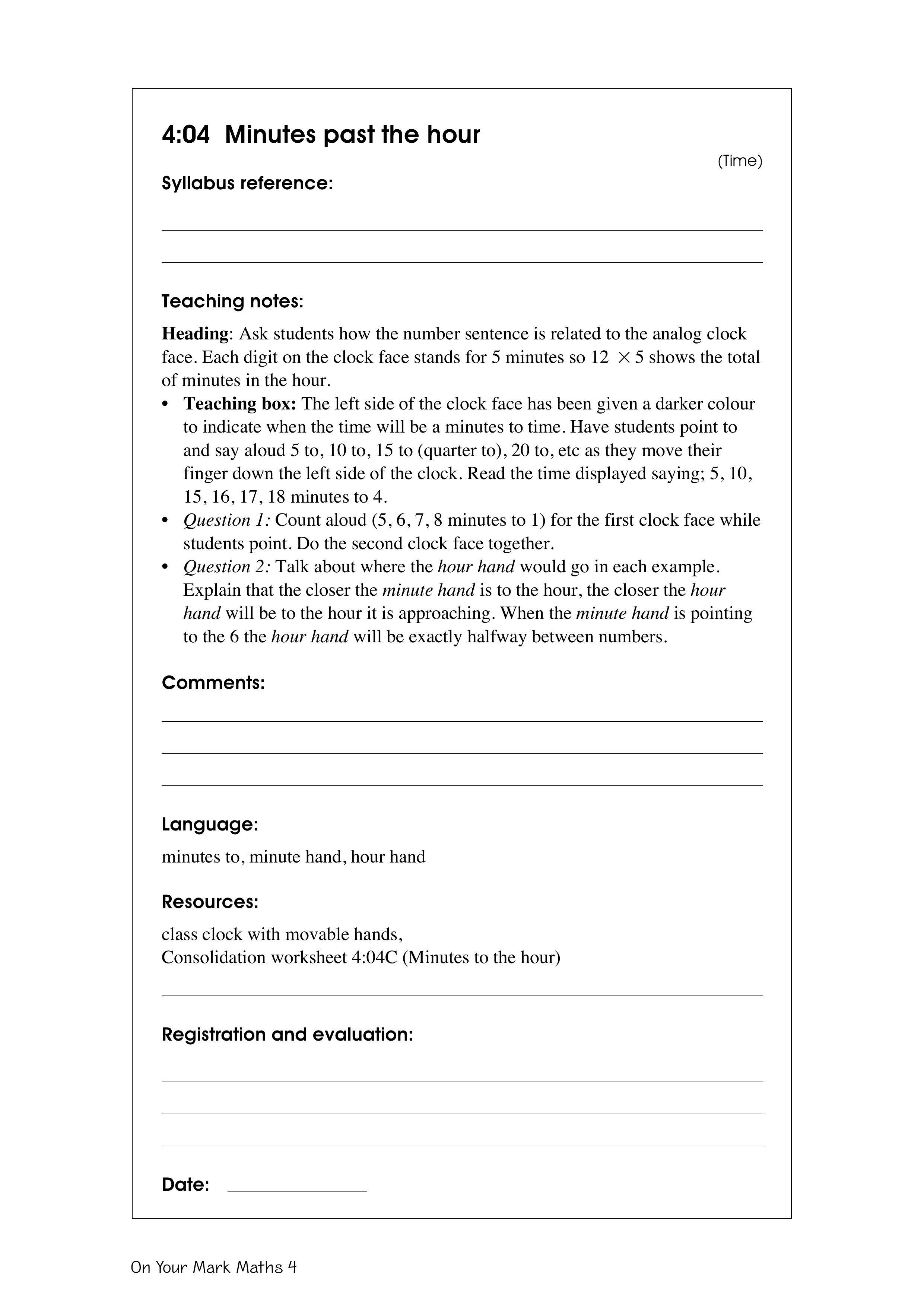 Minutes past the hour — worksheet preview