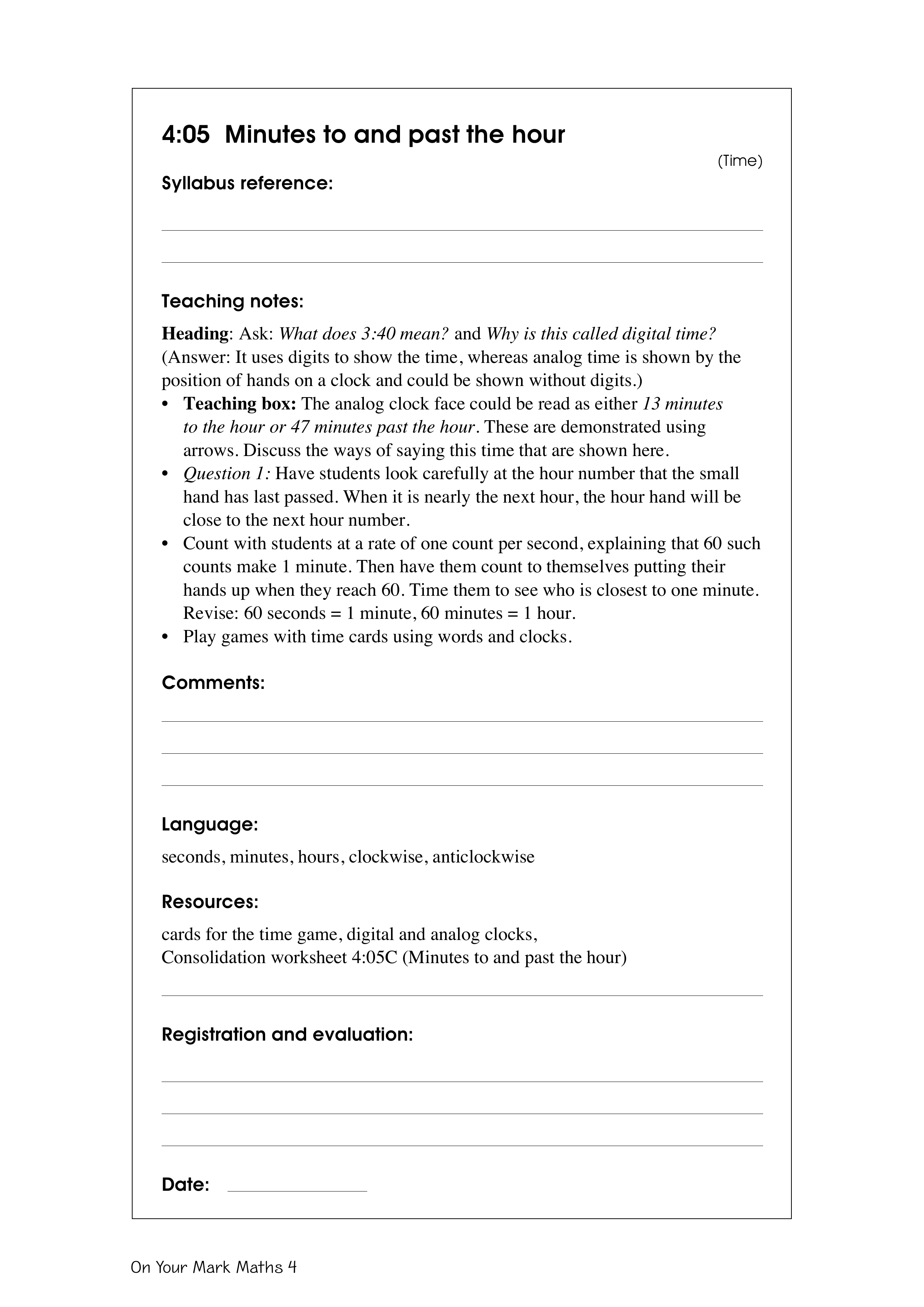 Minutes to and past the hour — worksheet preview