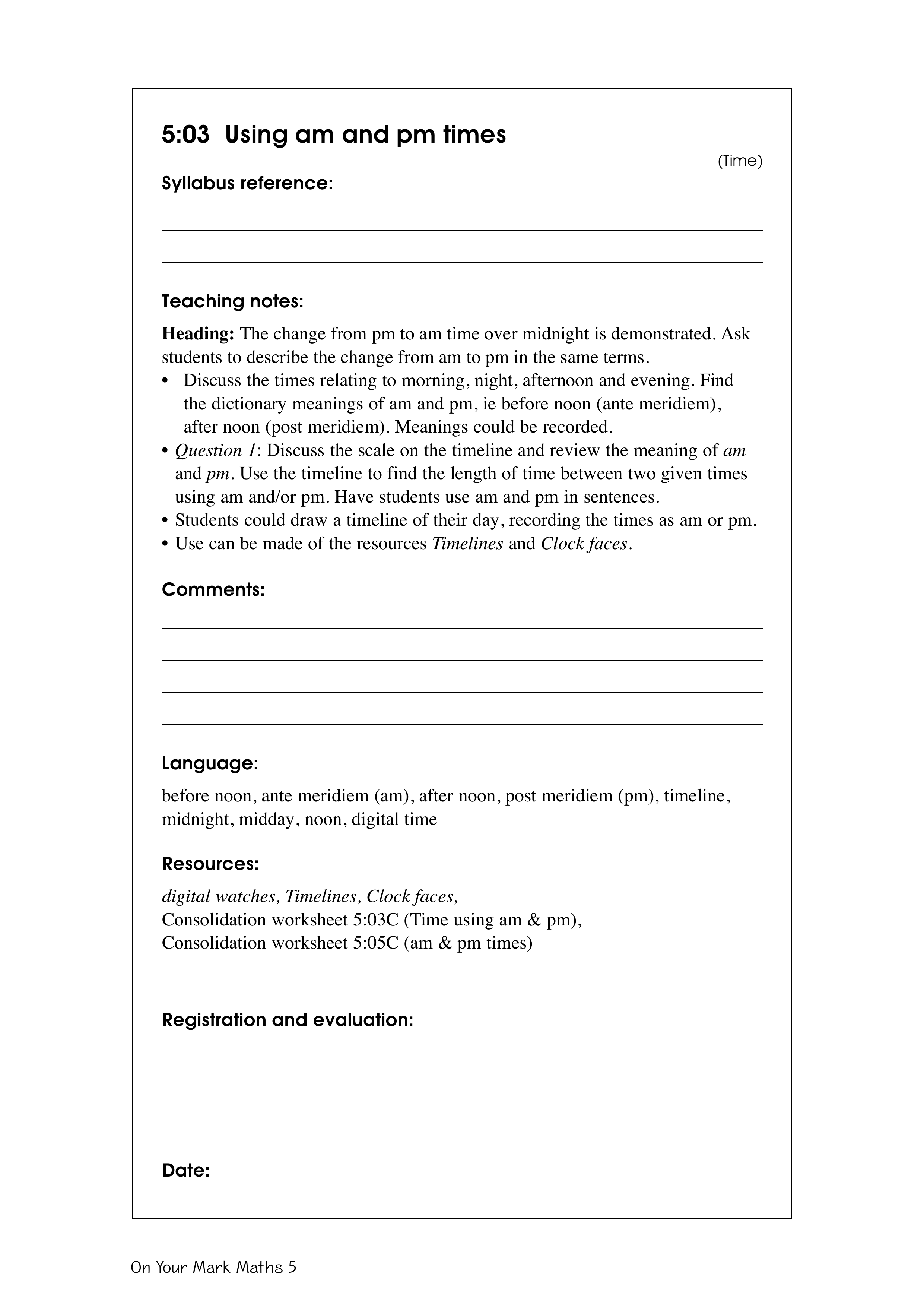 Using am and pm times — worksheet preview