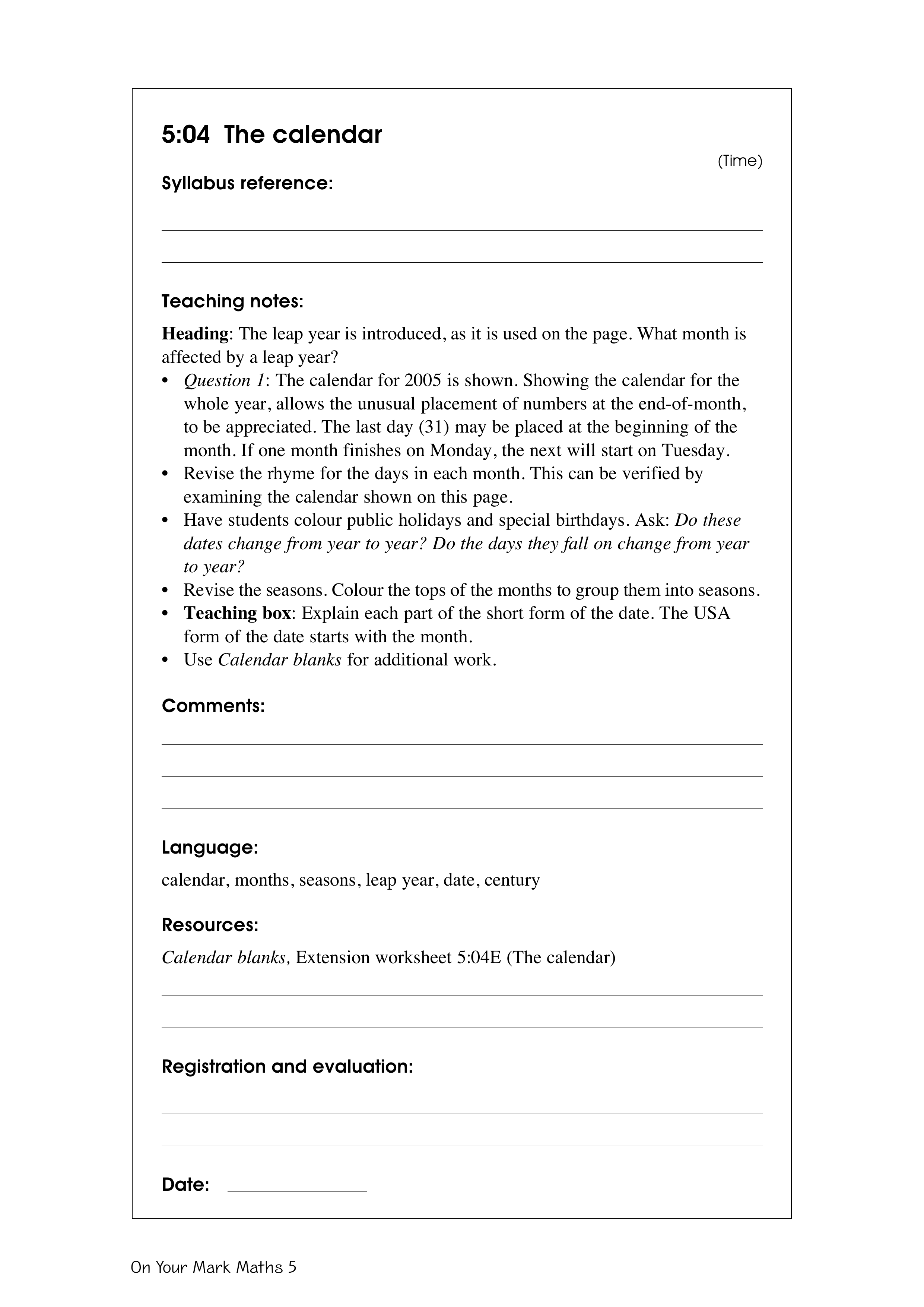 The calendar — worksheet preview