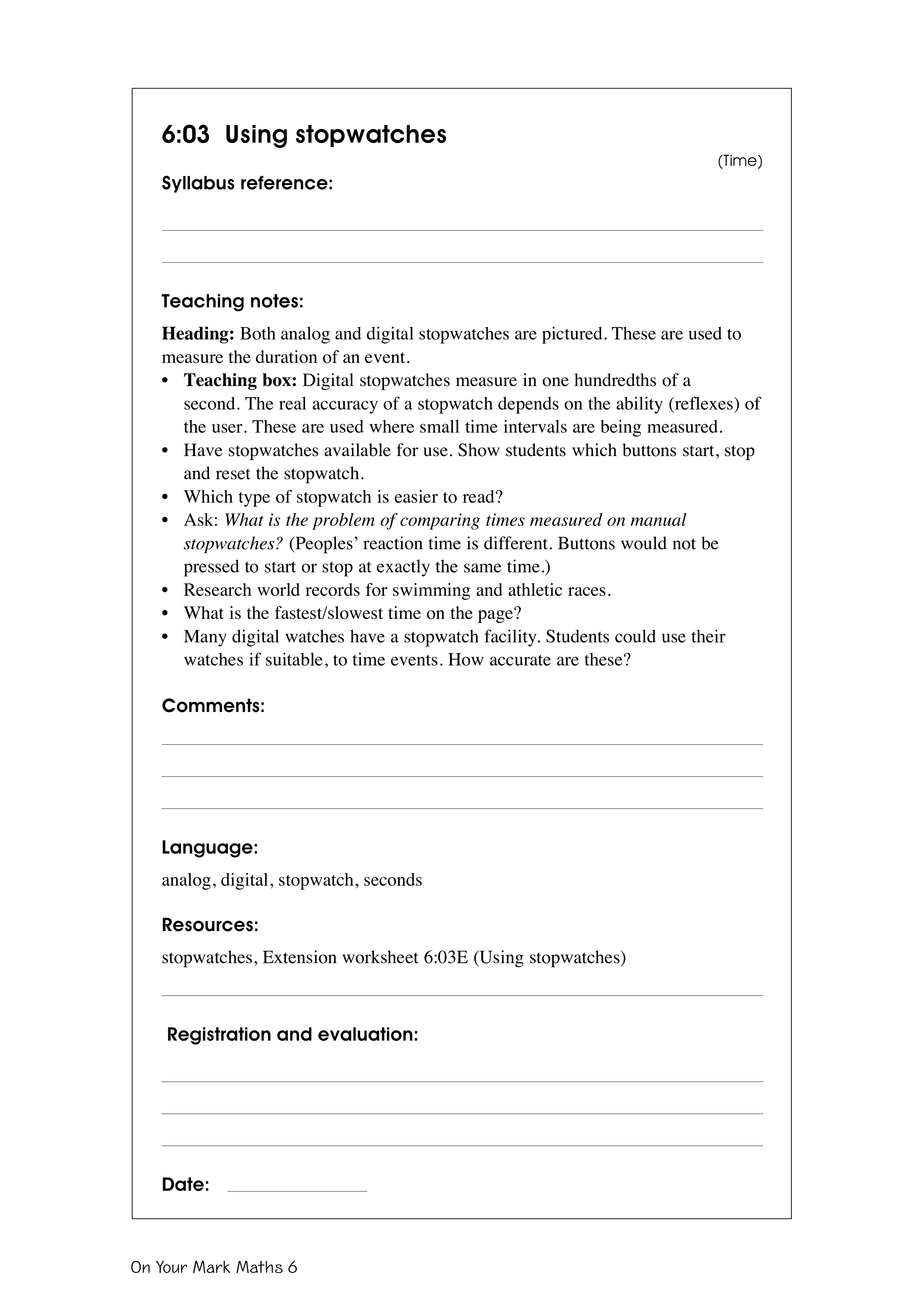 Using stopwatches — worksheet preview