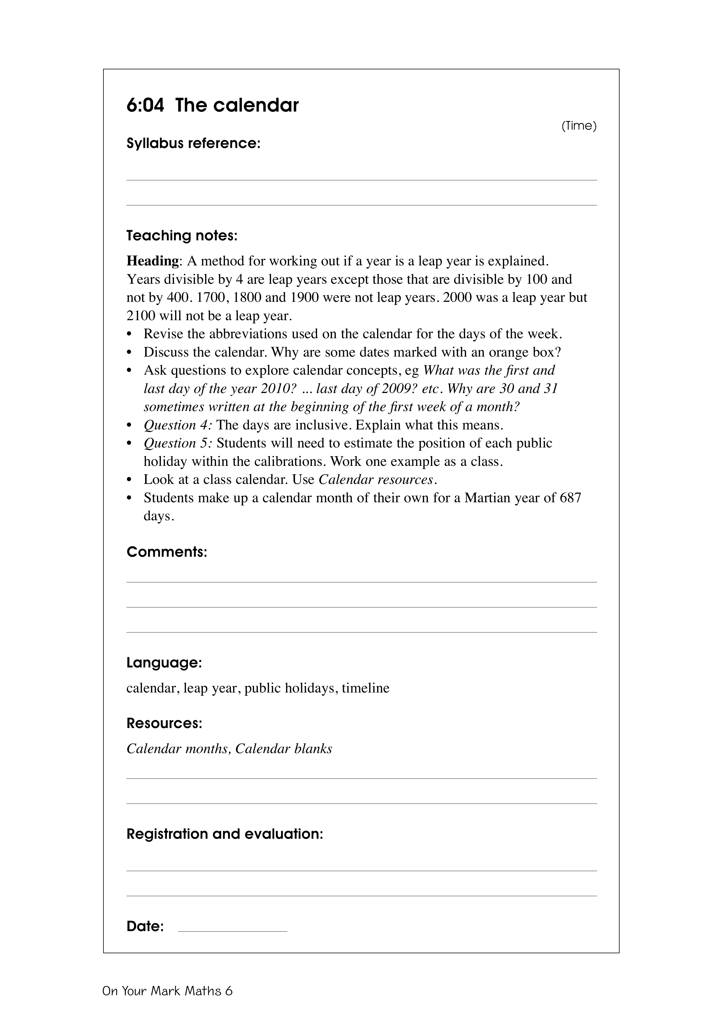 The calendar — worksheet preview