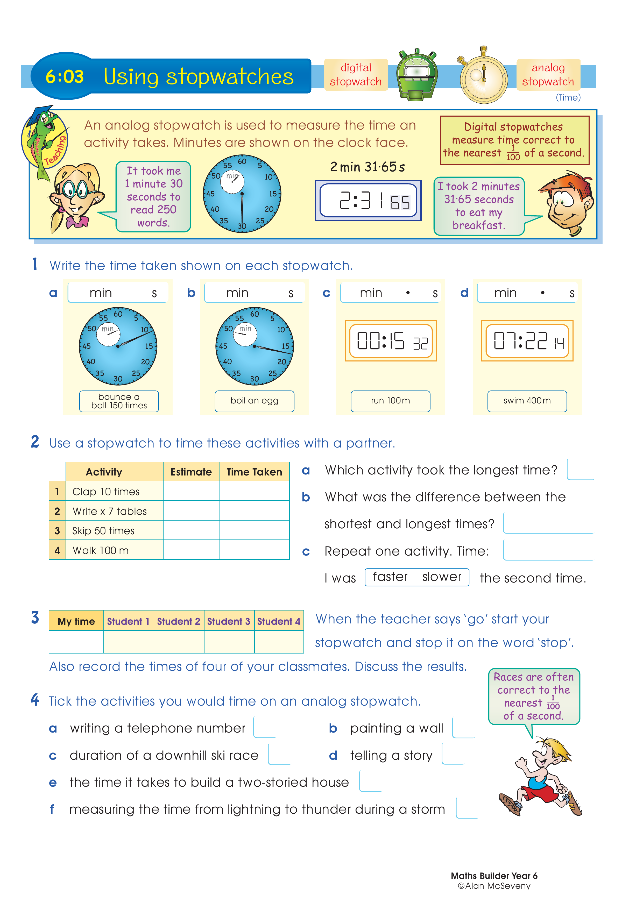 Using stopwatches — worksheet preview