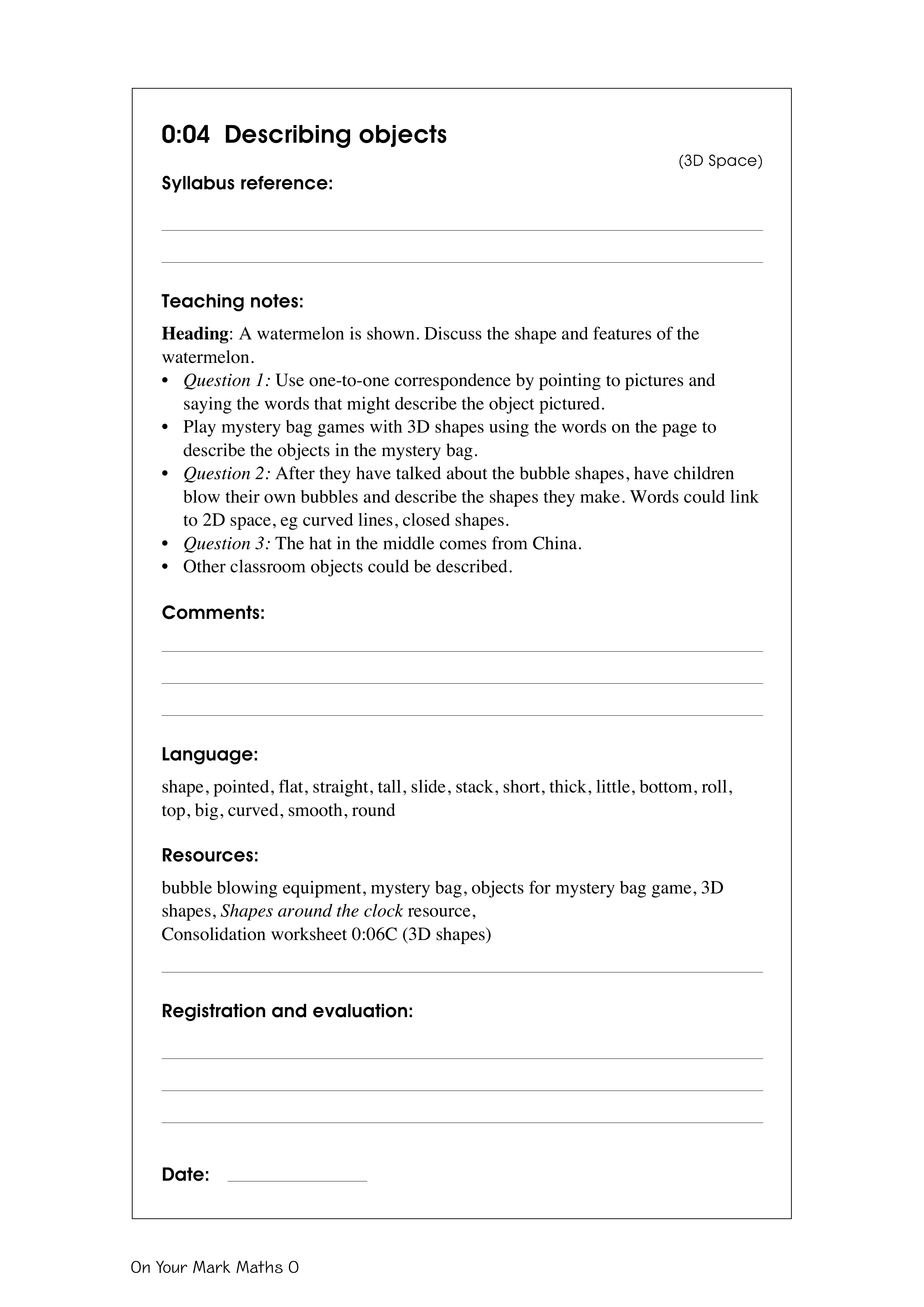 Describing objects — worksheet preview