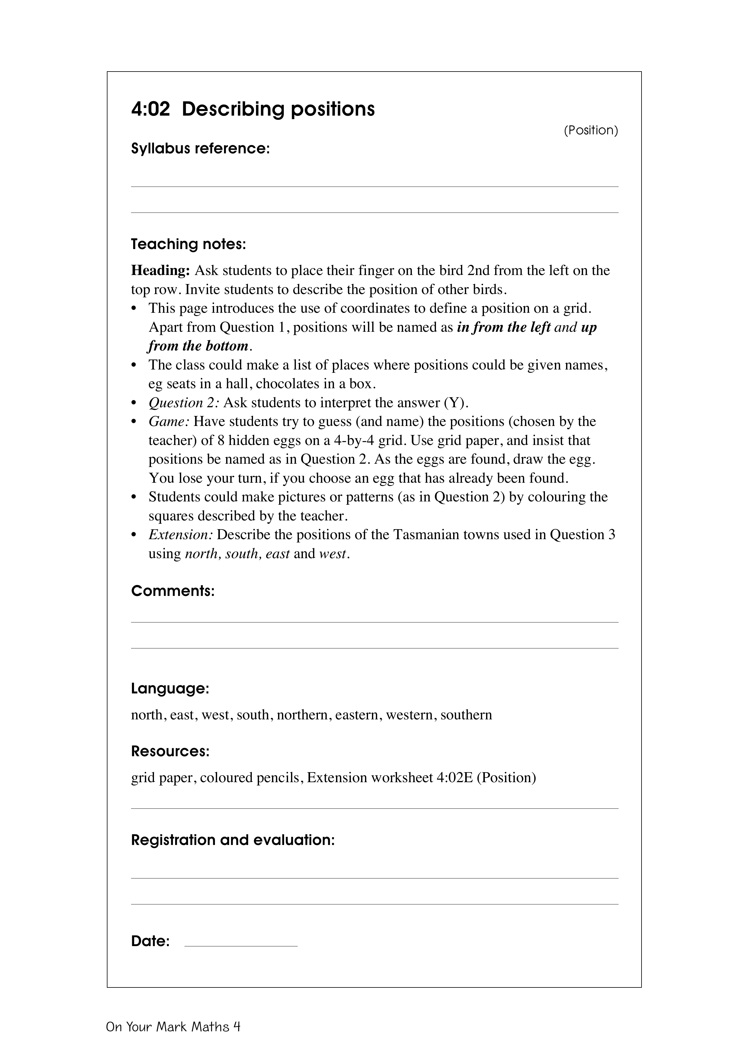 Describing positions — worksheet preview