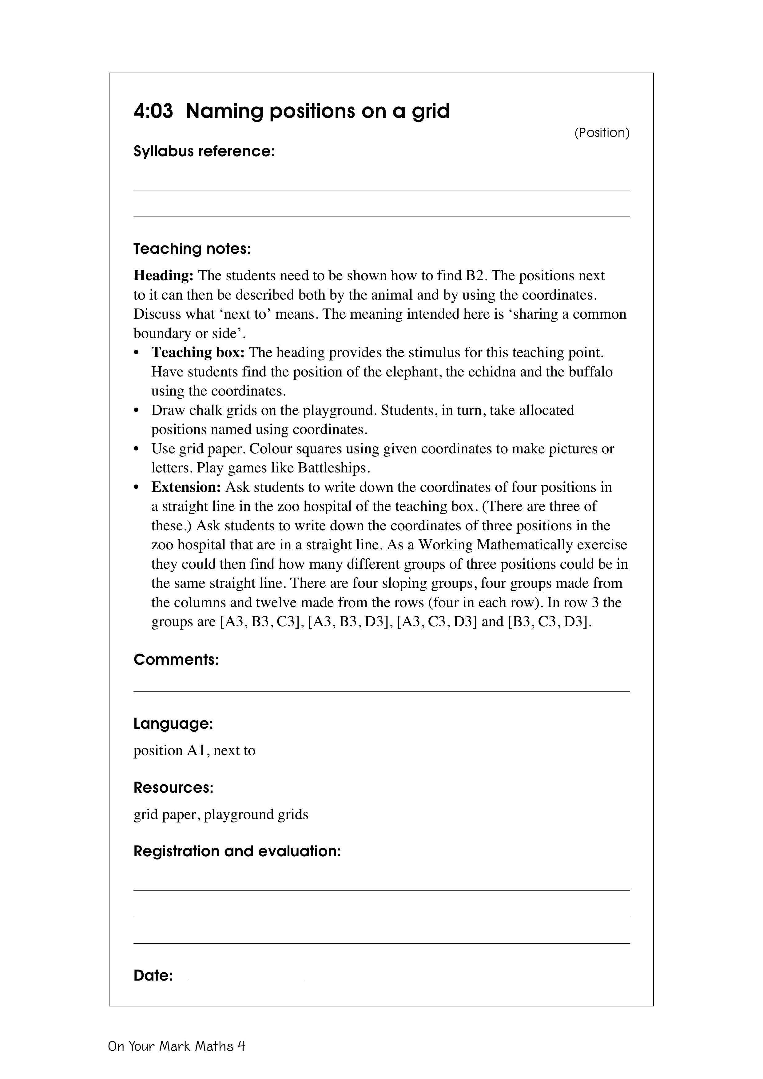 Naming positions on a grid — worksheet preview