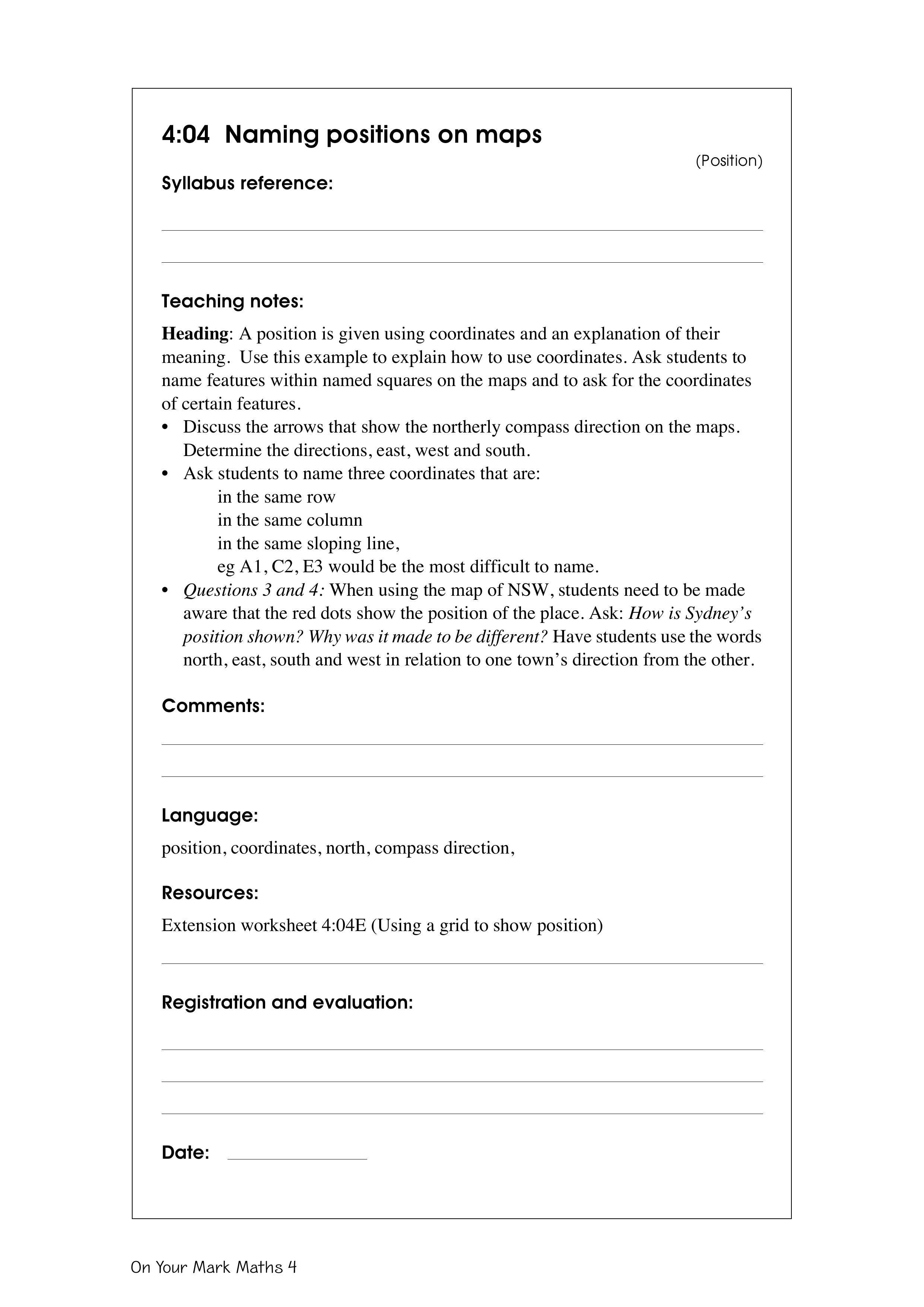 Naming positions on maps — worksheet preview