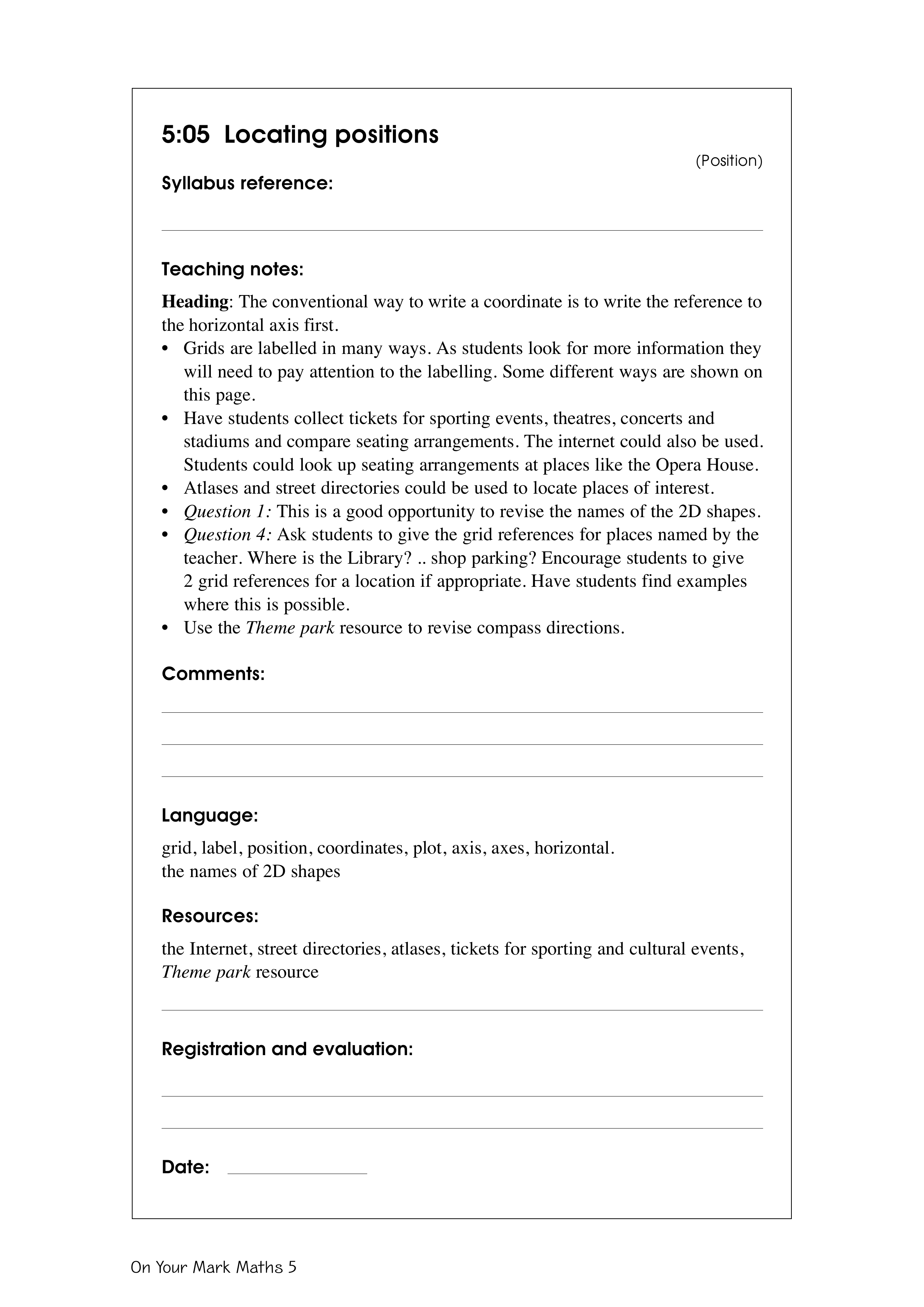 Locating positions — worksheet preview