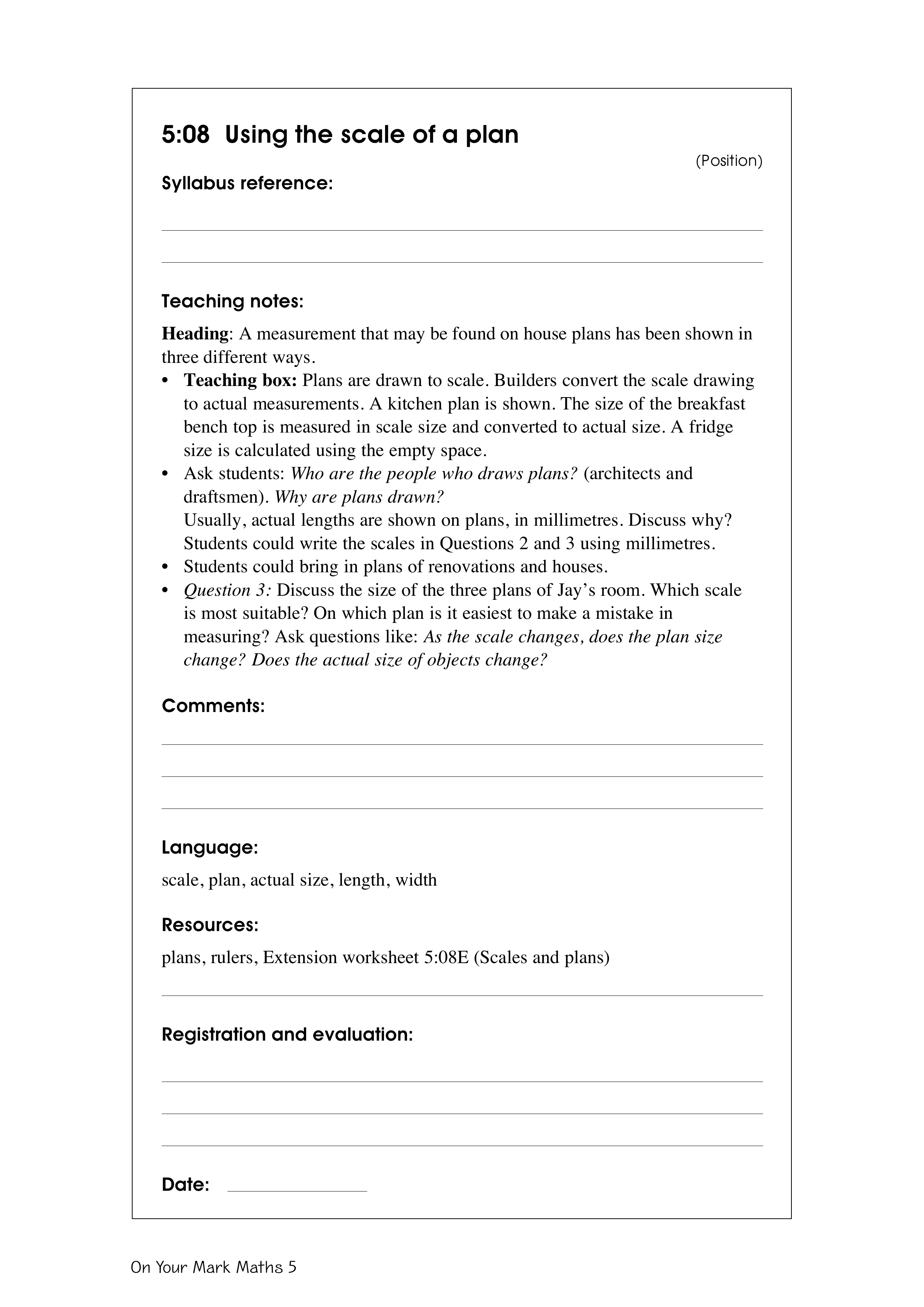 Using the scale of a plan — worksheet preview