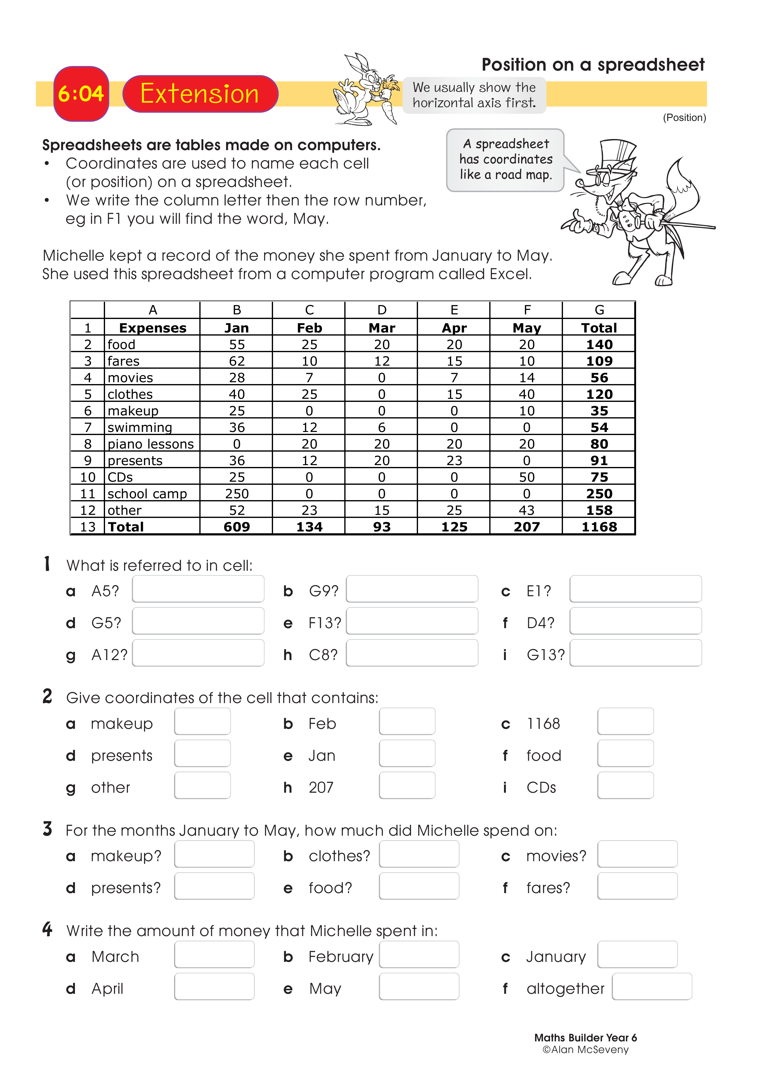 Position on a spreadsheet — worksheet preview