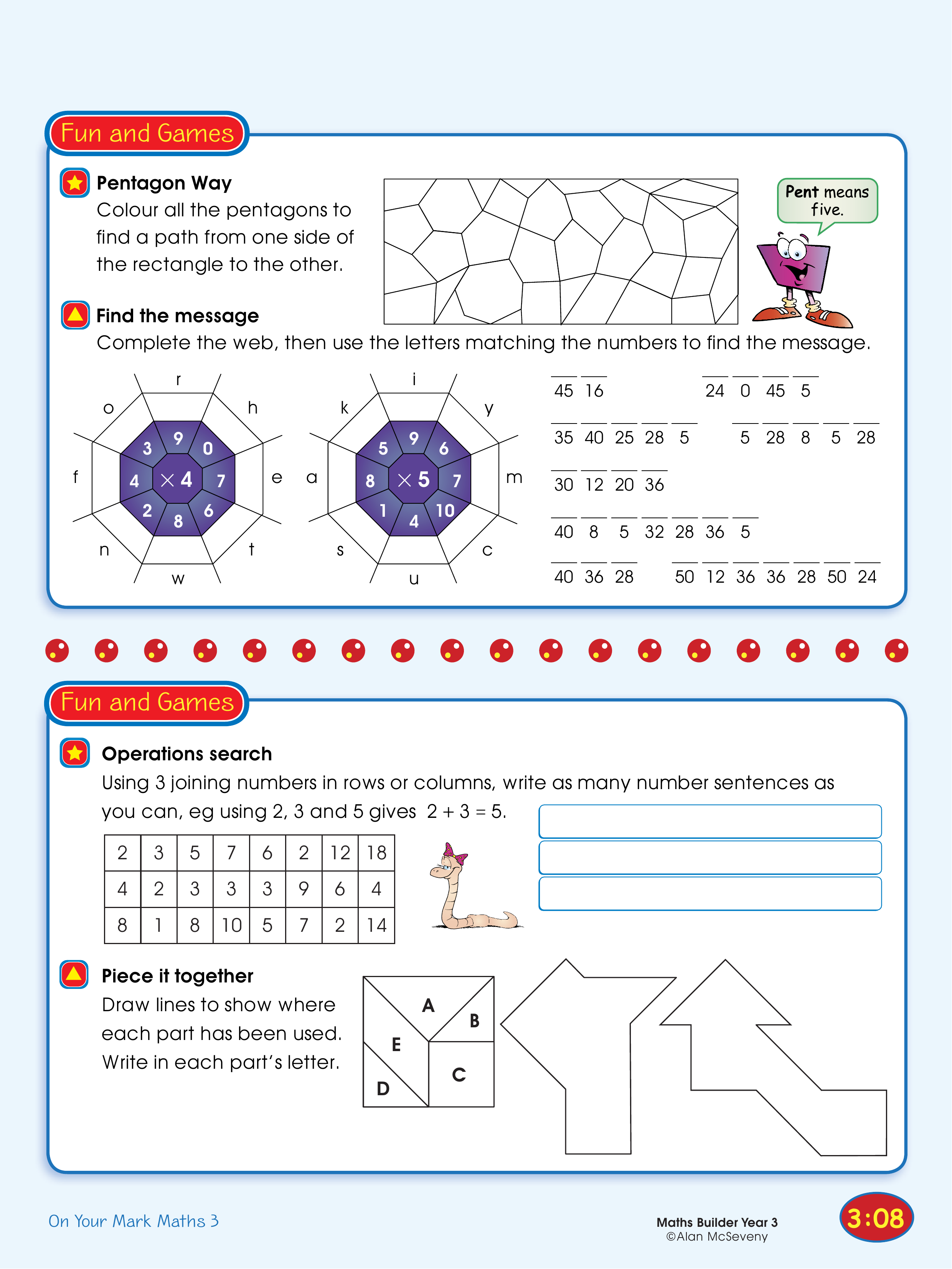 Pentagon way, Find the message/Operations search, Piece it together — worksheet preview