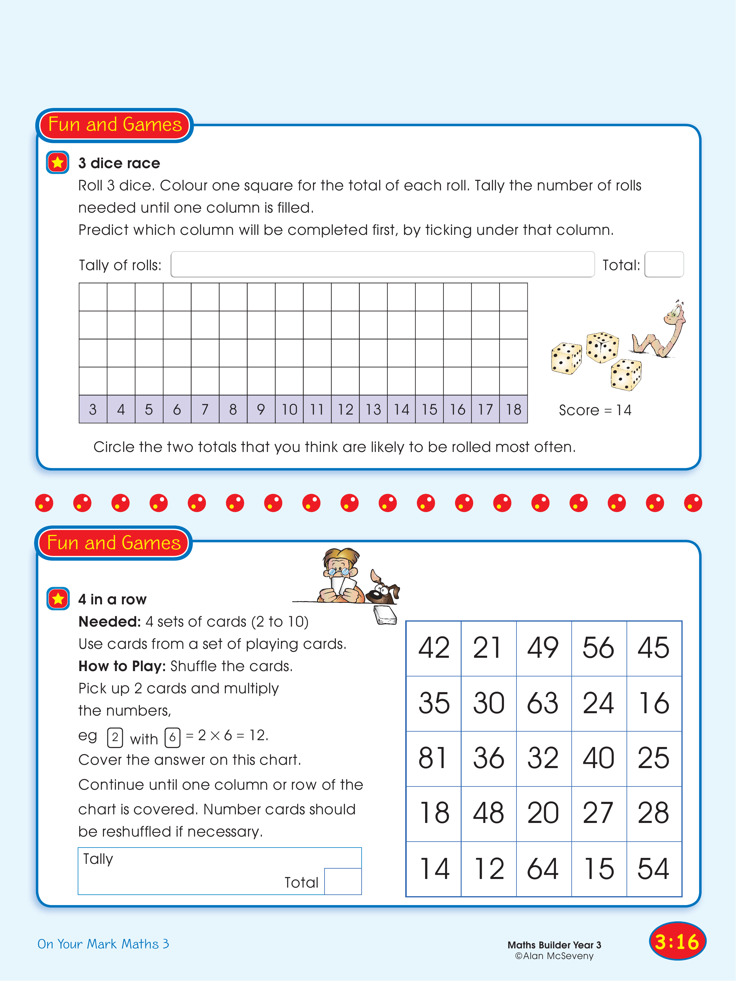 3 dice race/4 in a row — worksheet preview