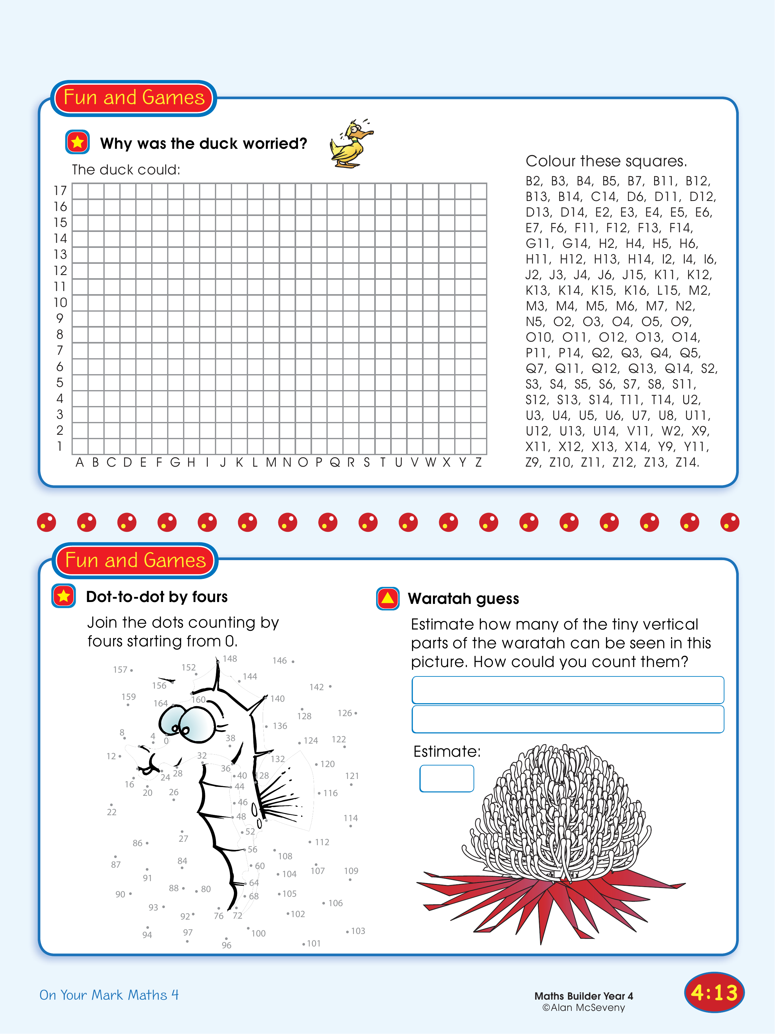 Why was the duck worried?/Dot-to-dot by four's, Waratah guess — worksheet preview