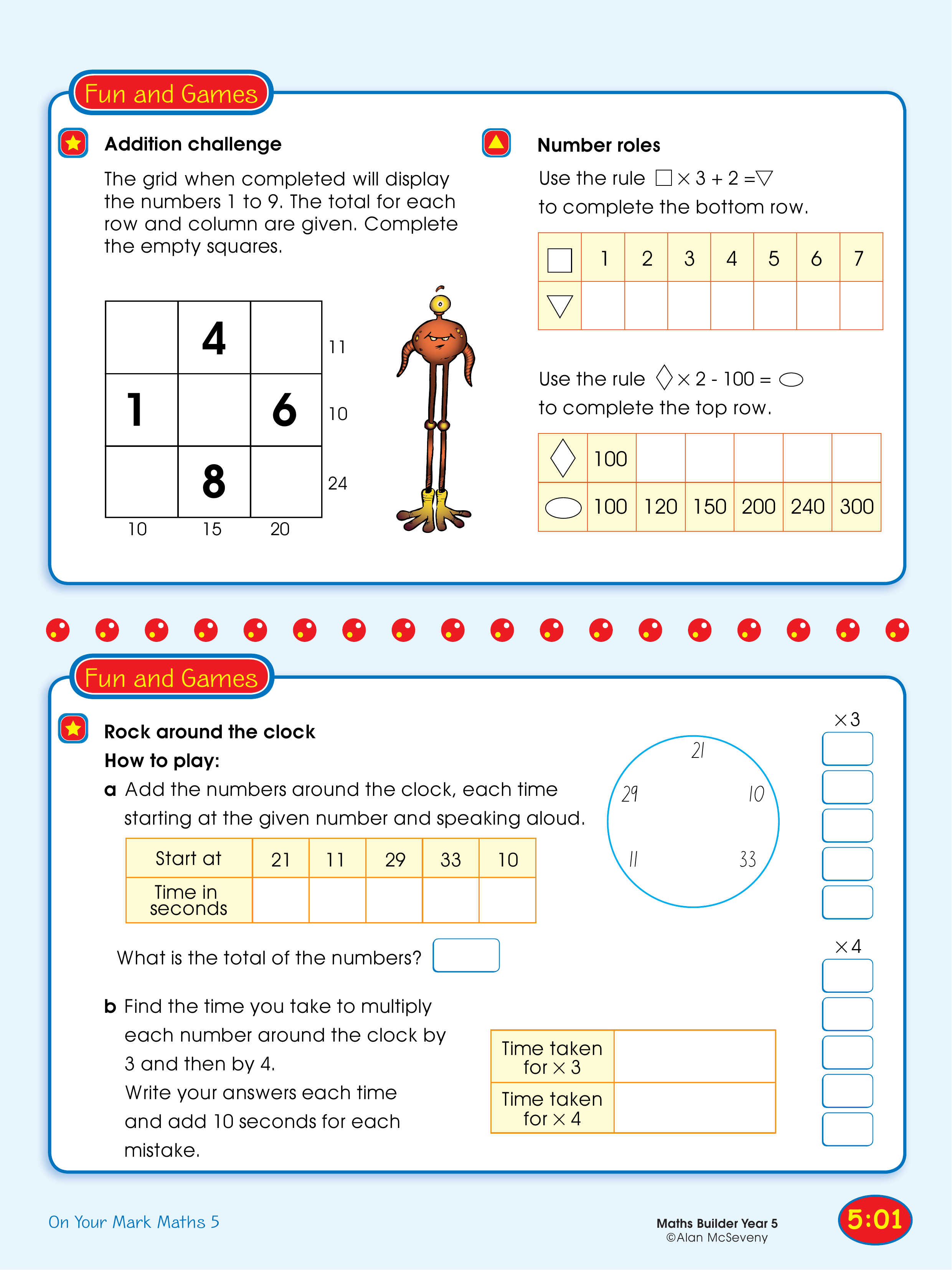 Addition challenge, Number roles/Rock around the clock — worksheet preview