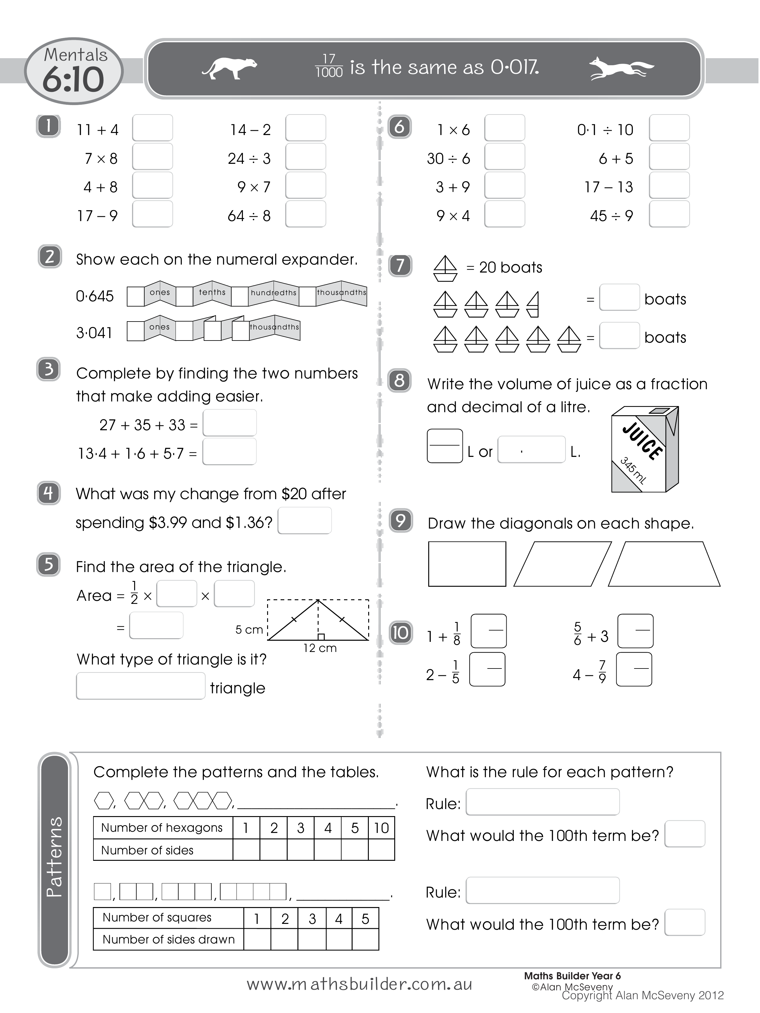 Mentals 6:10 — worksheet preview