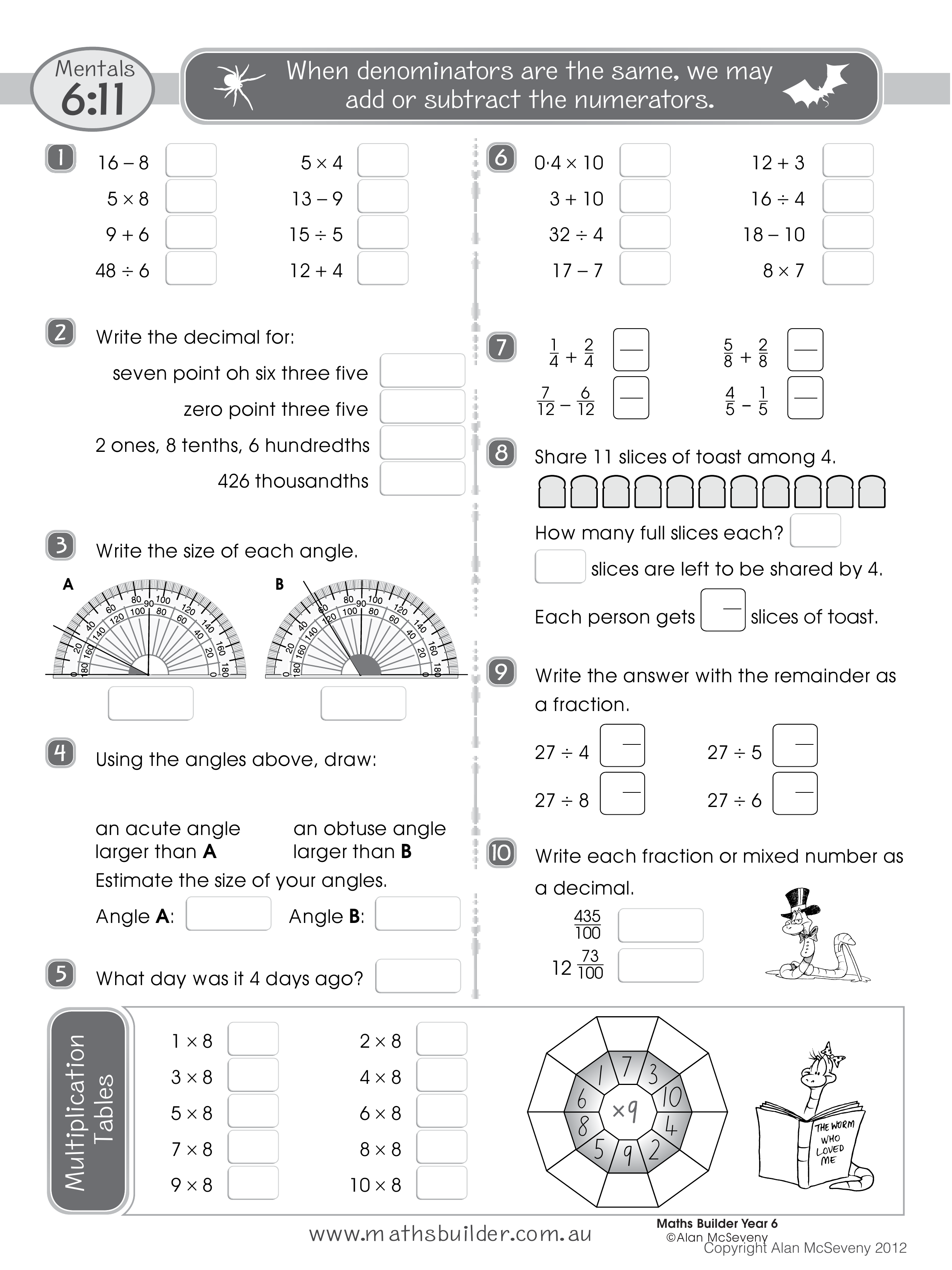Mentals 6:11 — worksheet preview