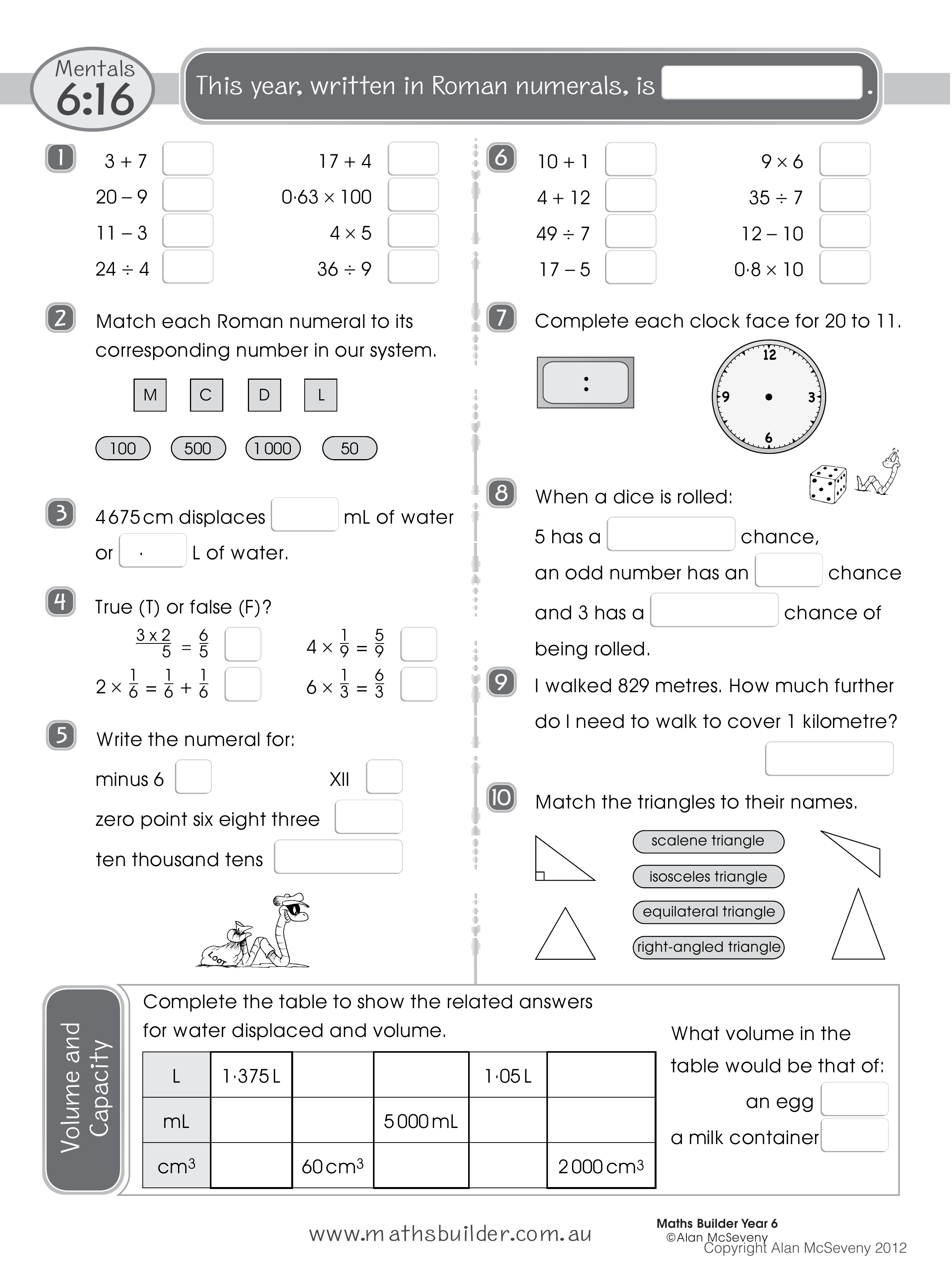 Mentals 6:16 — worksheet preview