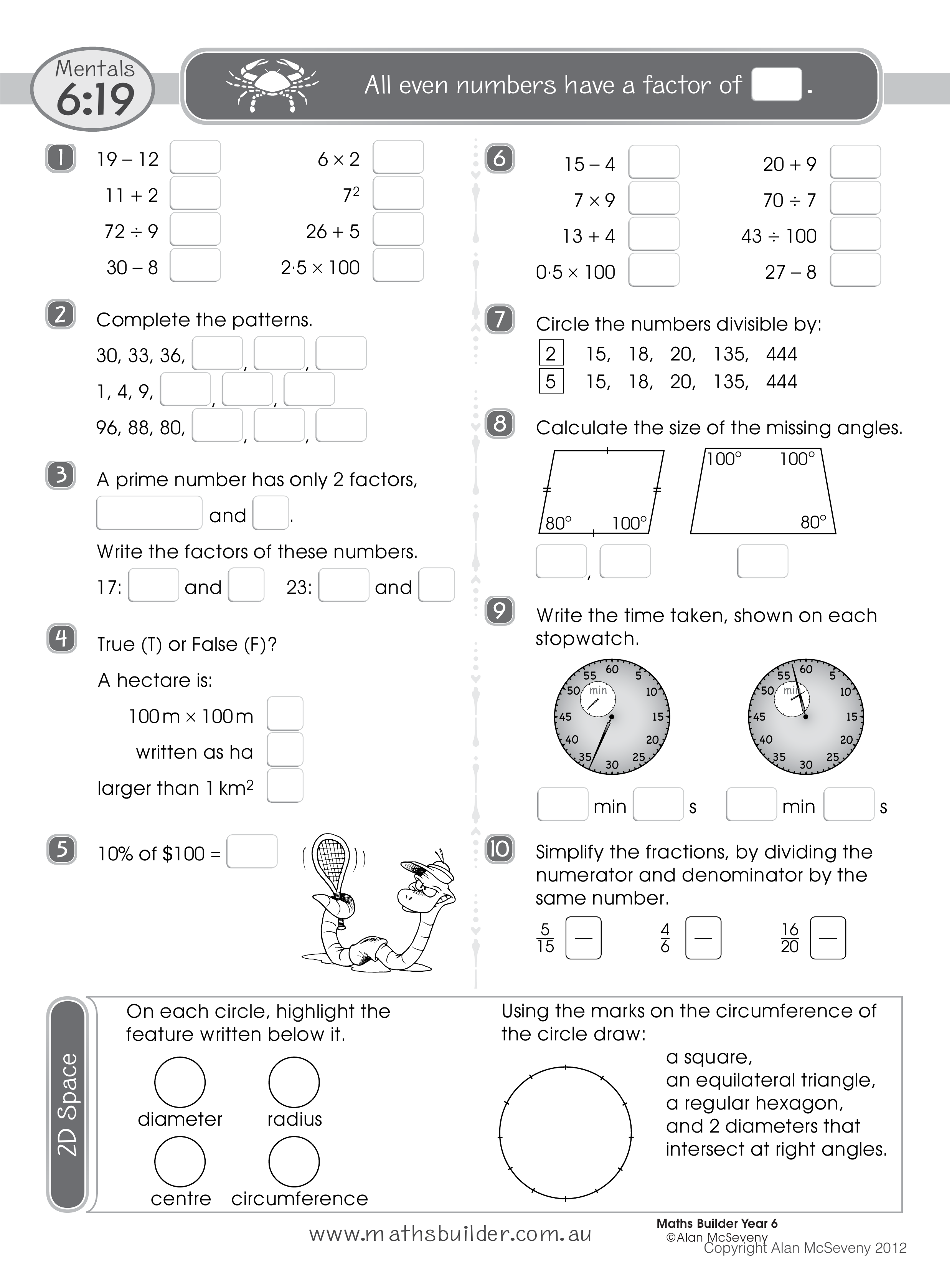 Mentals 6:19 — worksheet preview