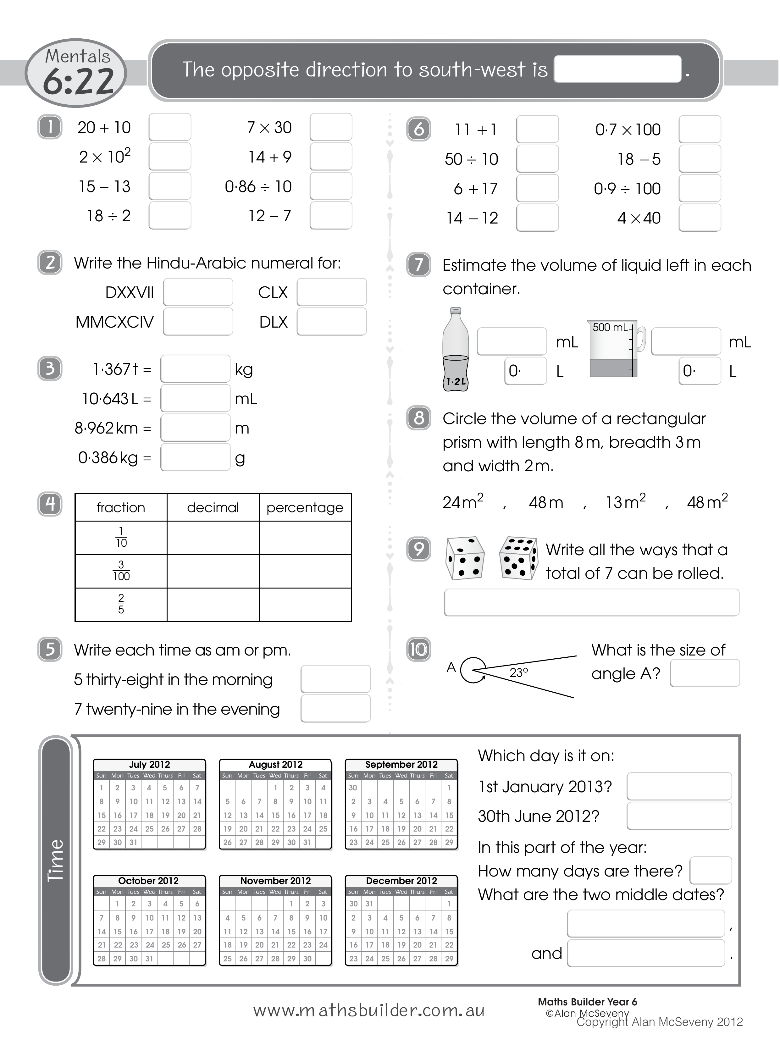 Mentals 6:22 — worksheet preview