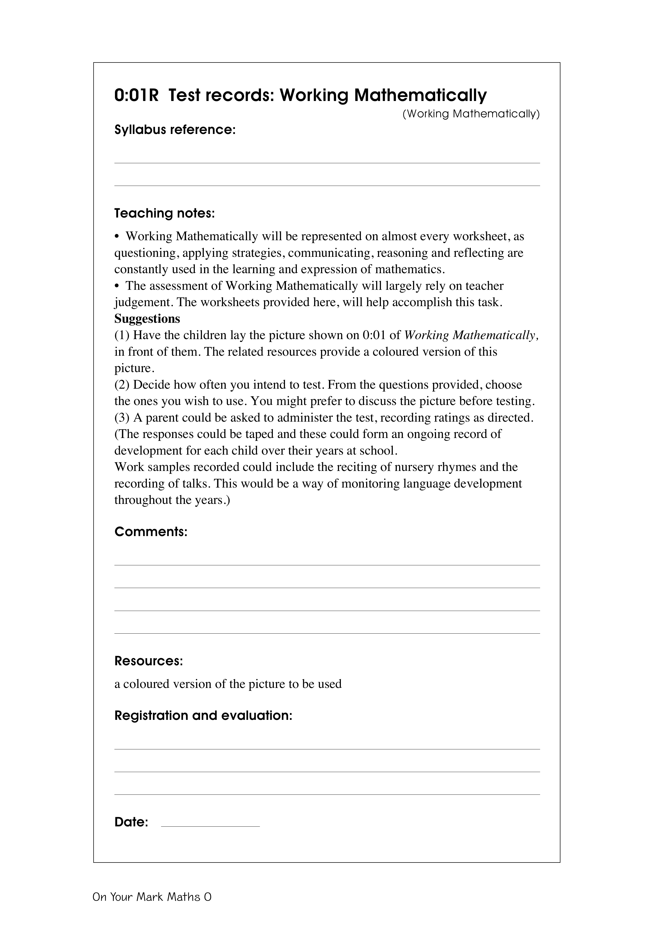Test records: Working mathematically — worksheet preview