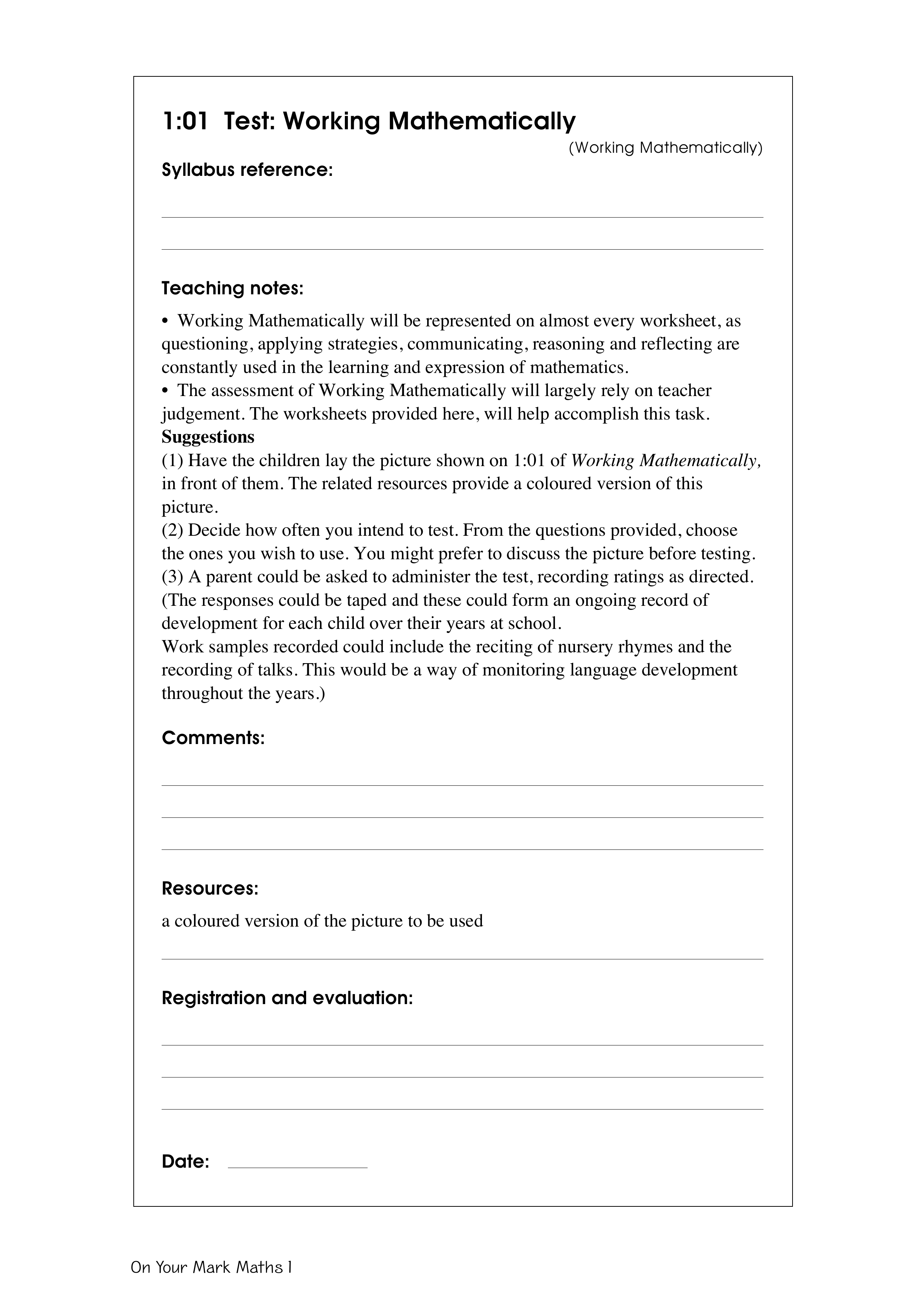 Test: Working mathematically — worksheet preview