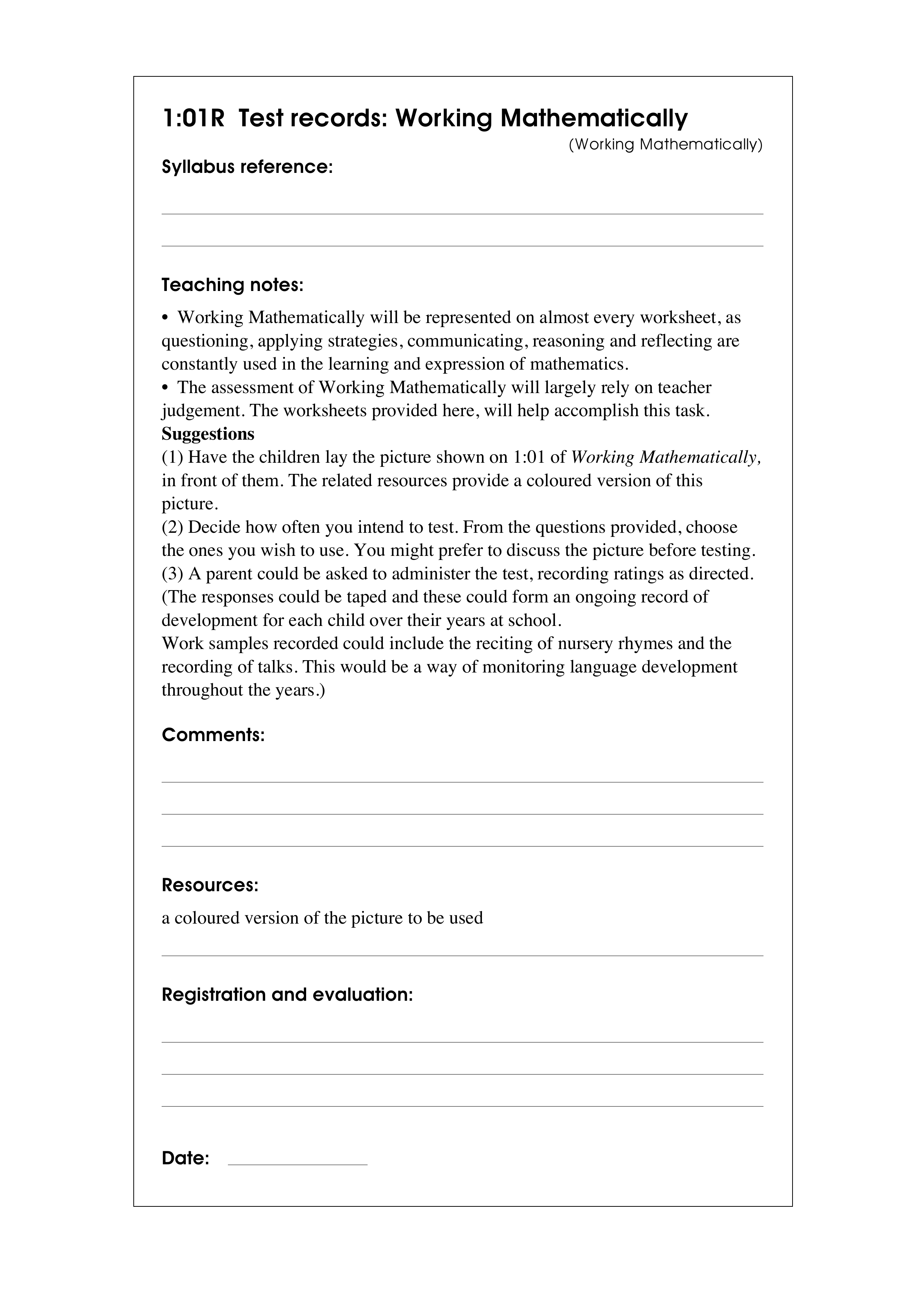 Test records: Working mathematically — worksheet preview