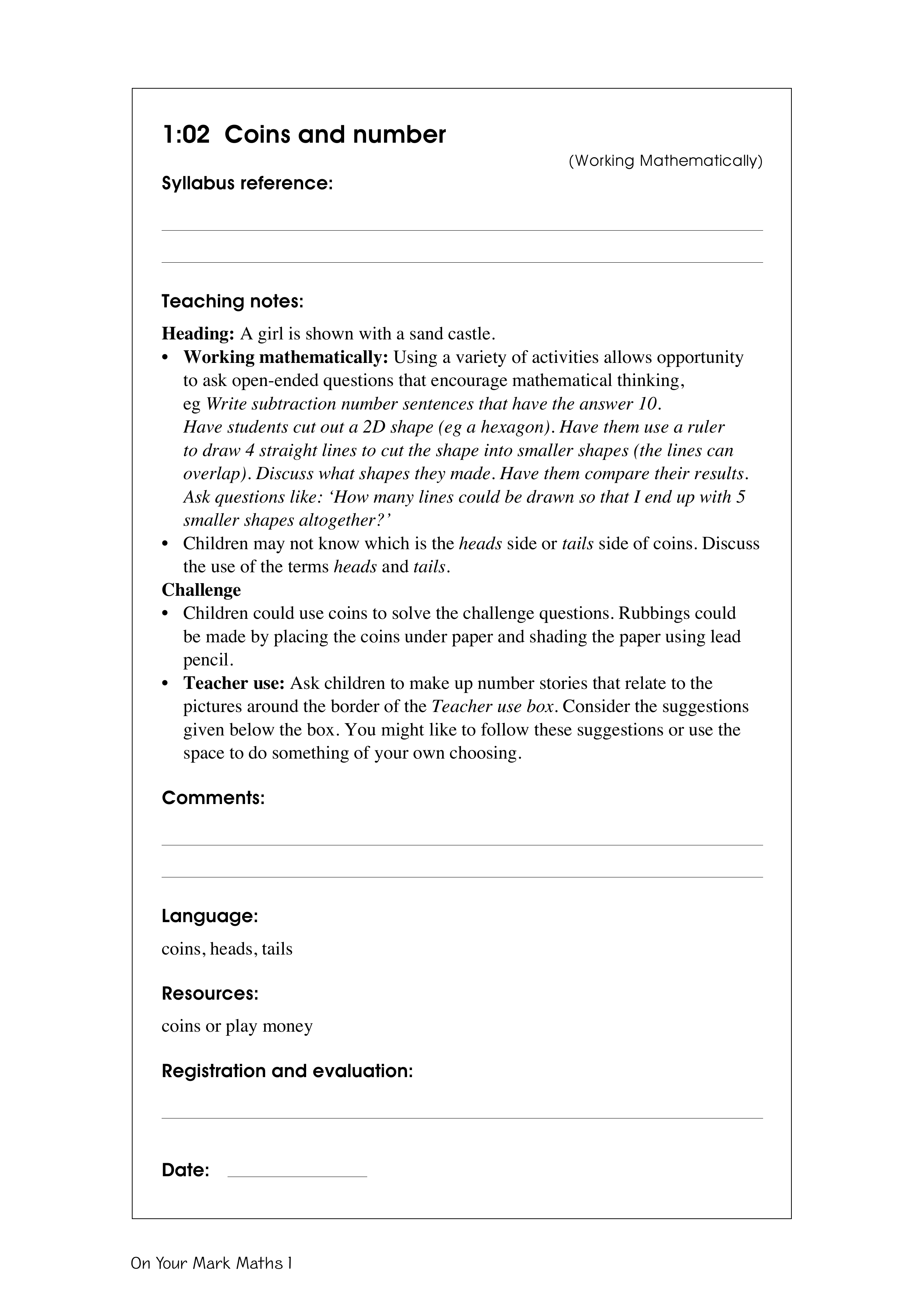 Coins and number — worksheet preview