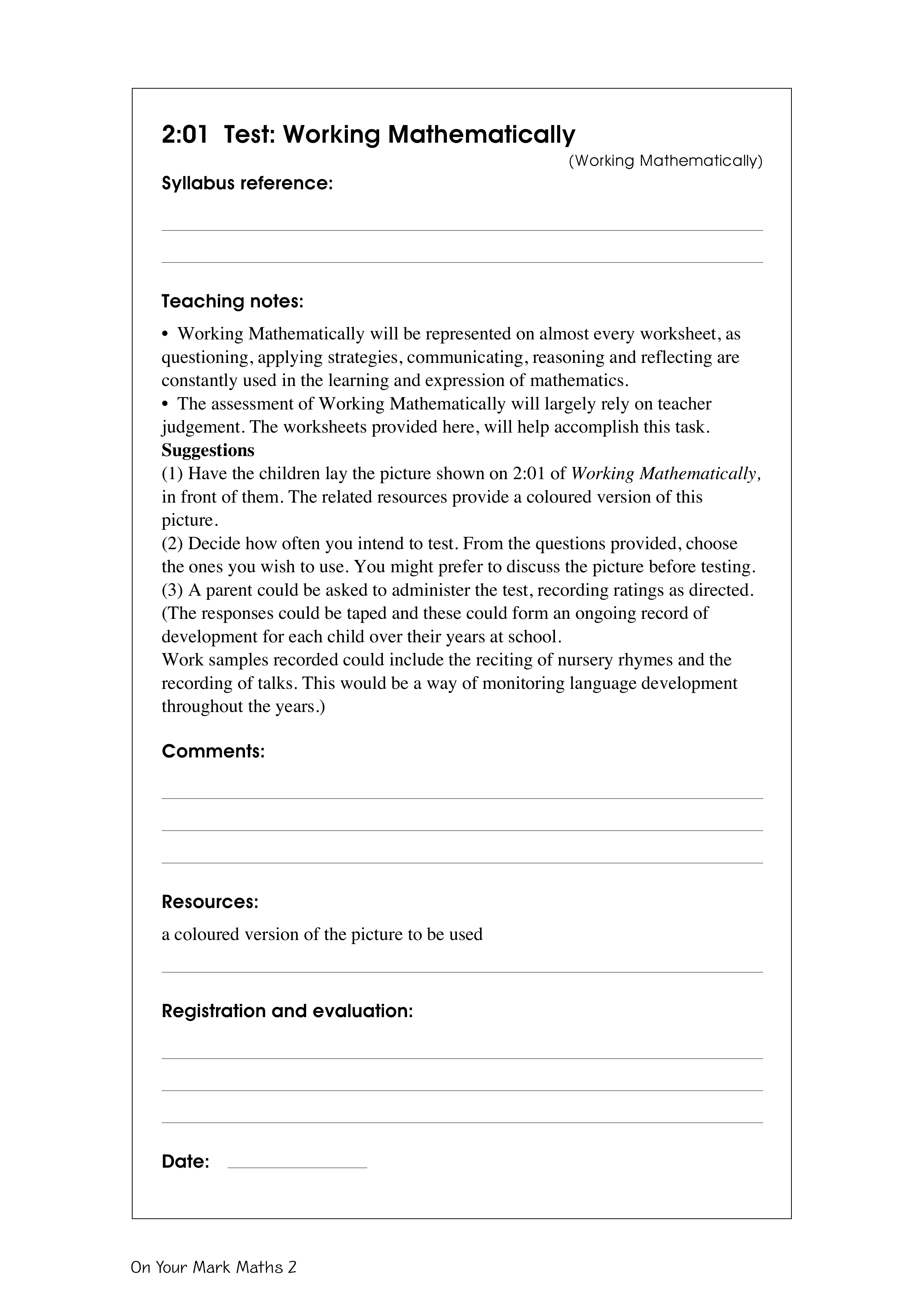 Test: Working mathematically — worksheet preview