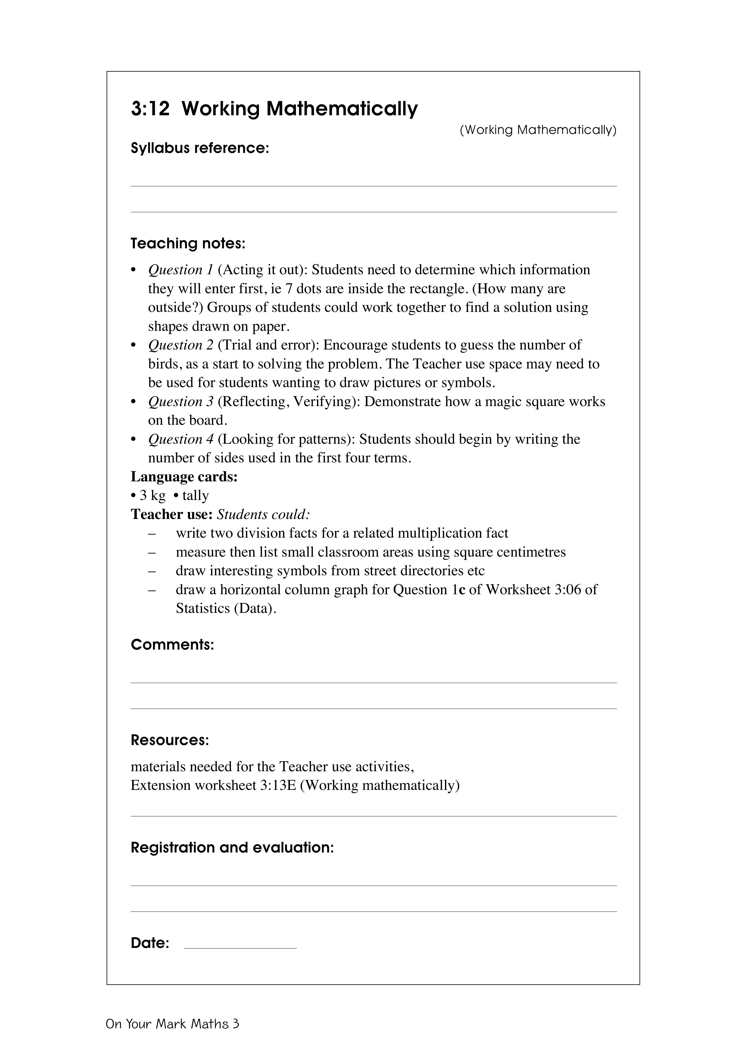 Working mathematically — worksheet preview