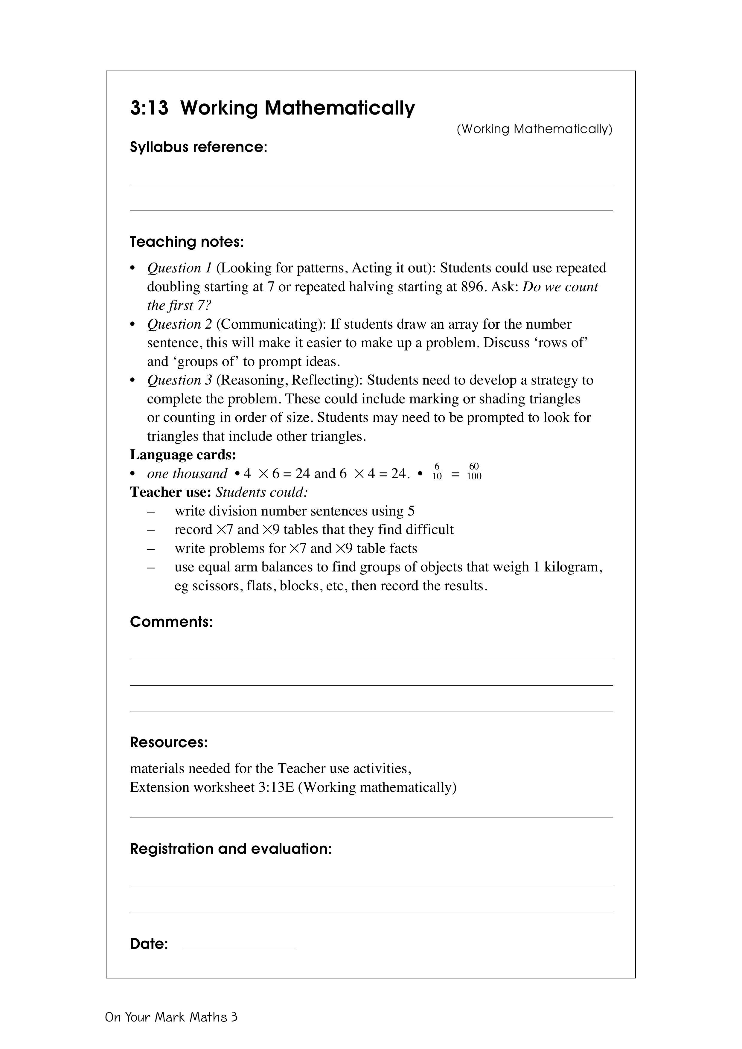 Working mathematically — worksheet preview